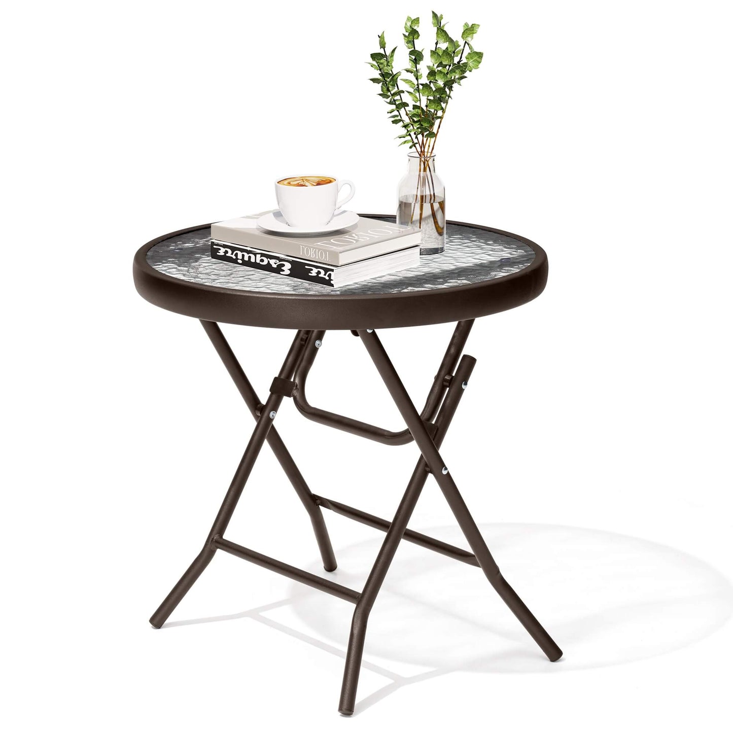 17x17" Foldable Round Glass Top Outdoor Side Table