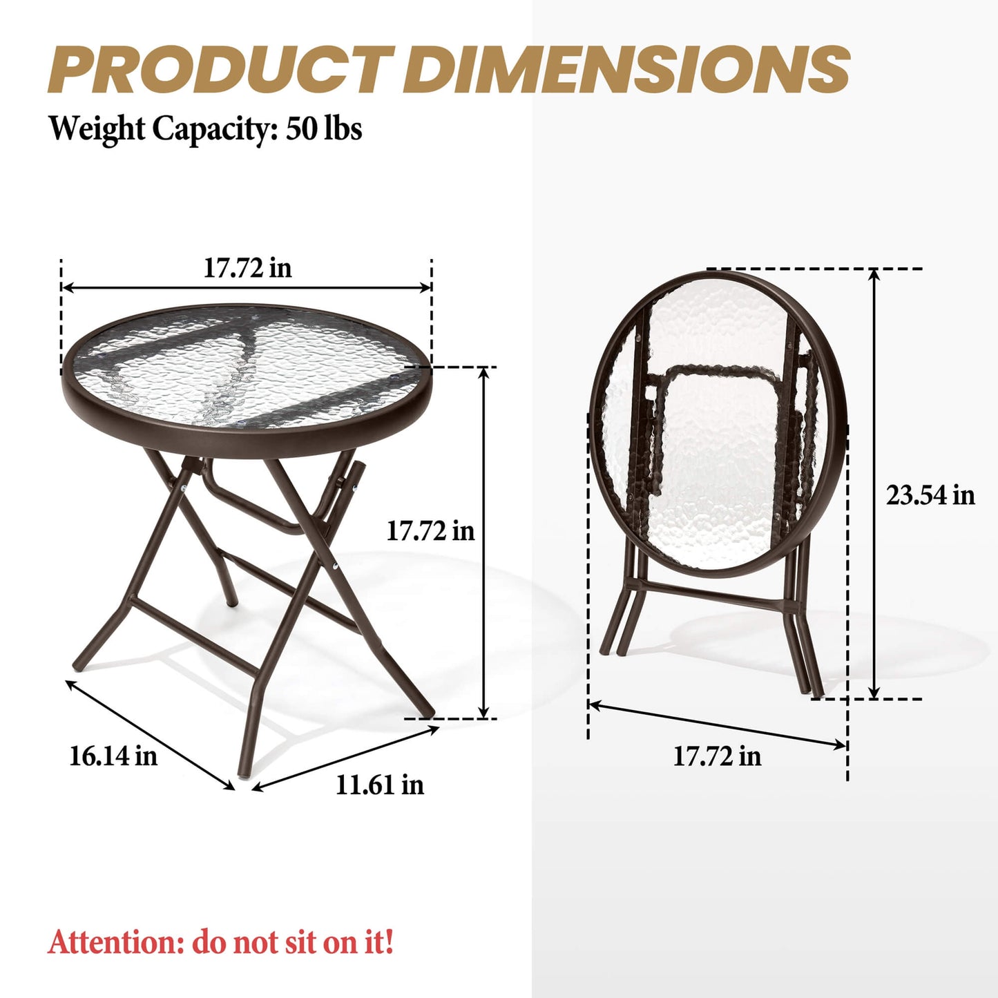 17x17" Foldable Round Glass Top Outdoor Side Table