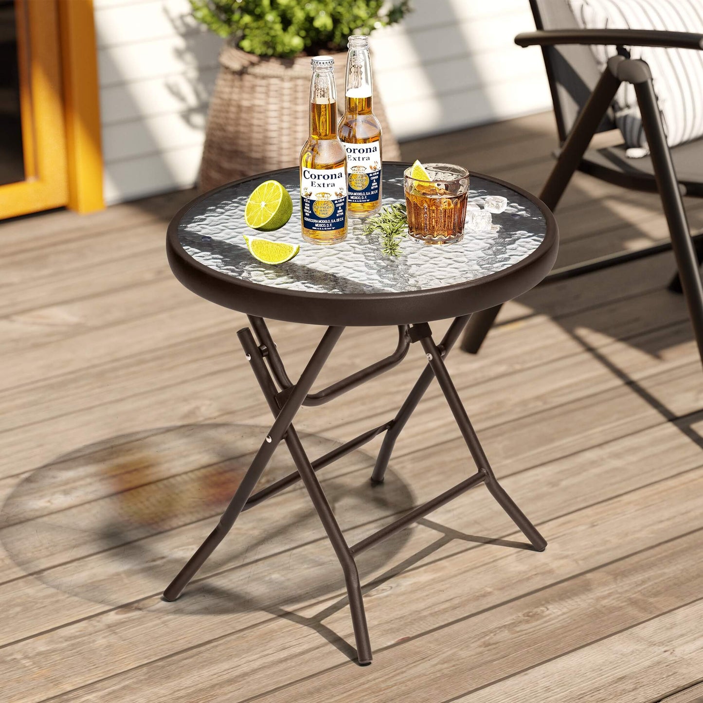 17x17" Foldable Round Glass Top Outdoor Side Table