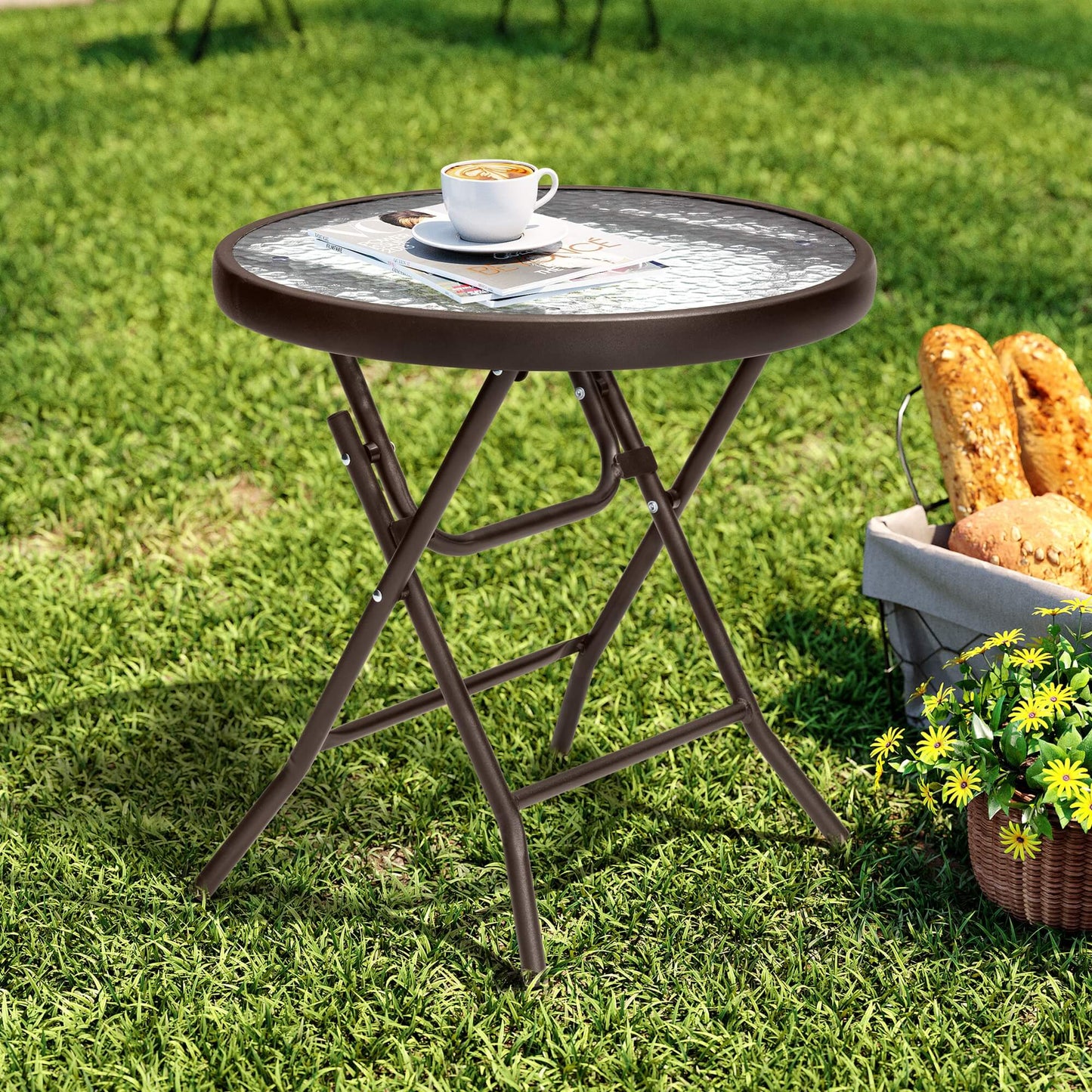 17x17" Foldable Round Glass Top Outdoor Side Table