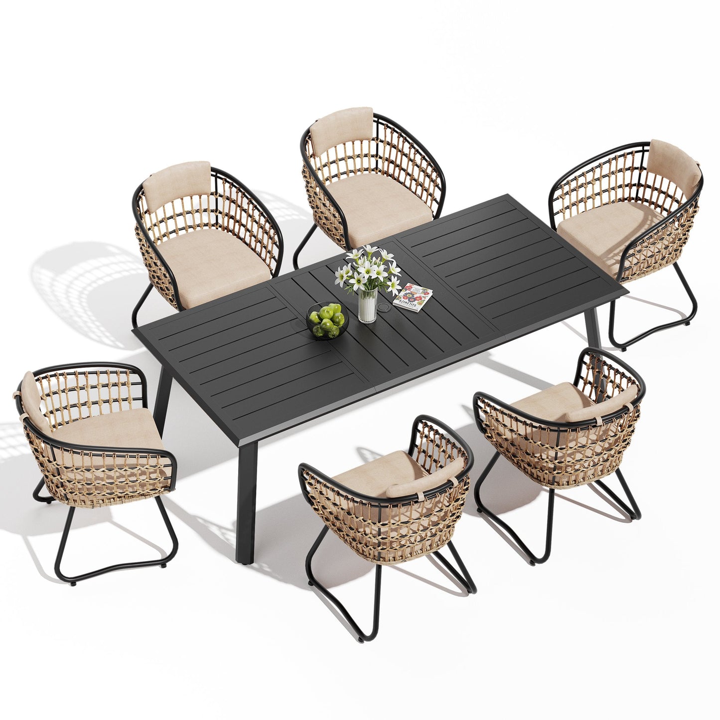 Aluminum Dining Set with Umbrella Hole, Wicker Chairs & Cushions