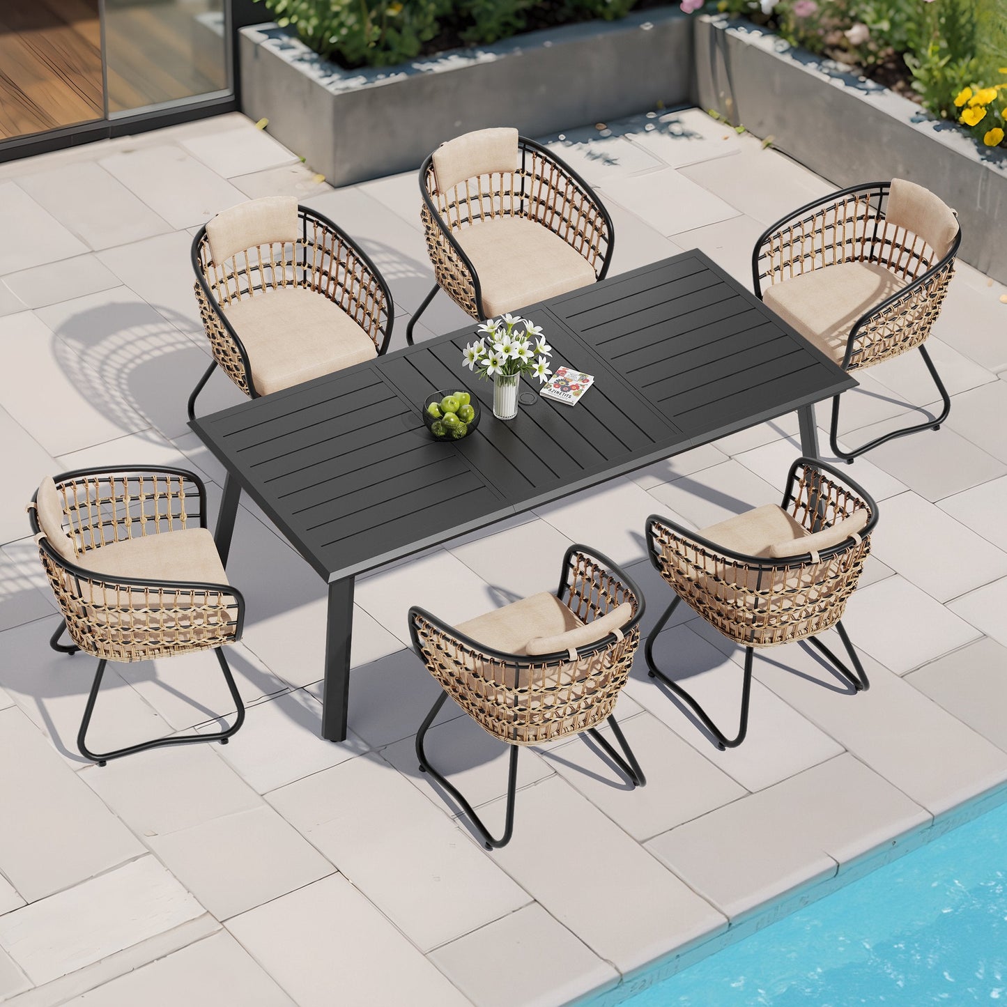 Aluminum Dining Set with Umbrella Hole, Wicker Chairs & Cushions