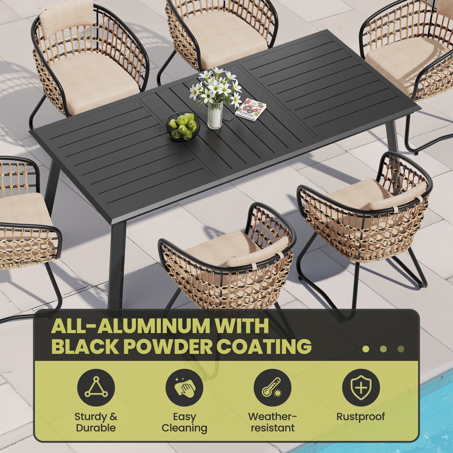 Aluminum Dining Set with Umbrella Hole, Wicker Chairs & Cushions