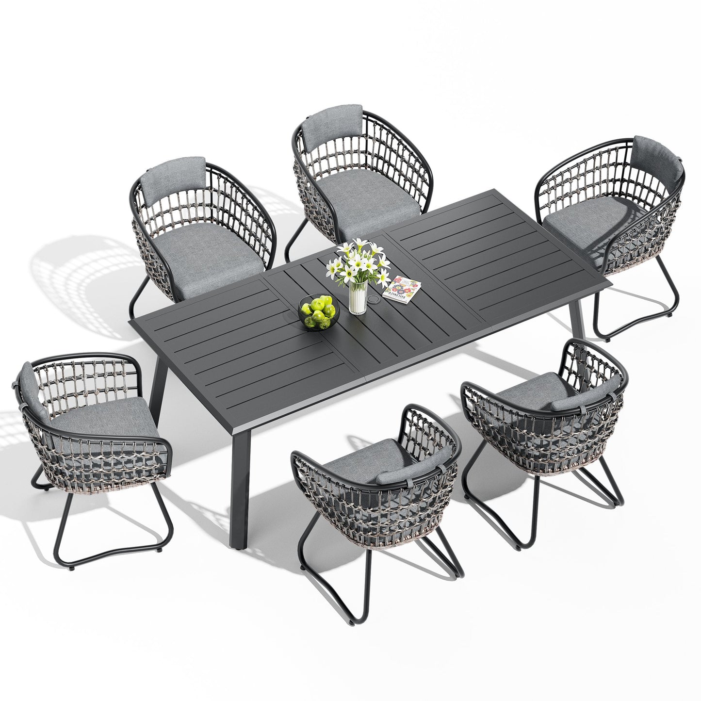 Aluminum Dining Set with Umbrella Hole, Wicker Chairs & Cushions