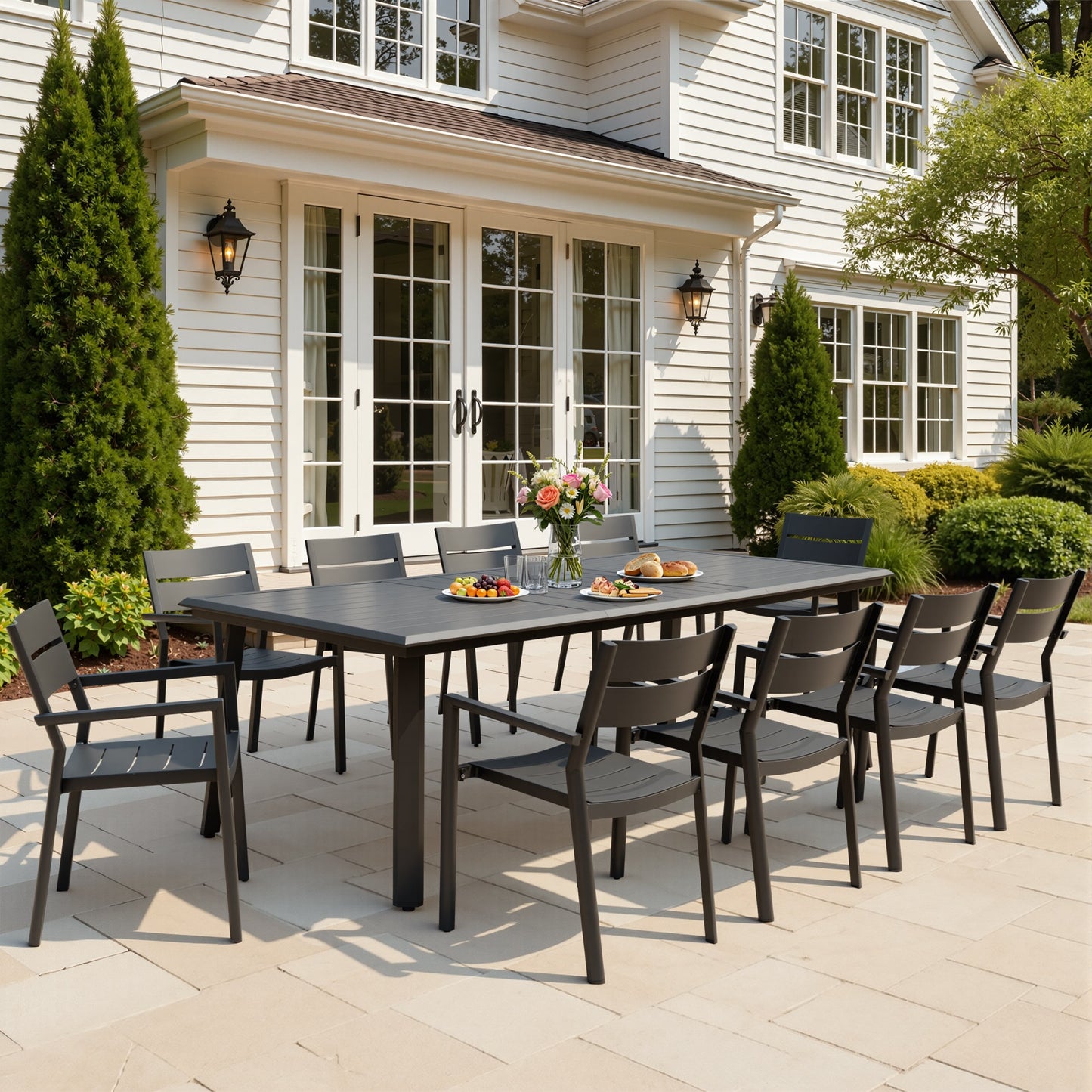 Aluminum Dining Set with Umbrella Hole & Stackable Chairs