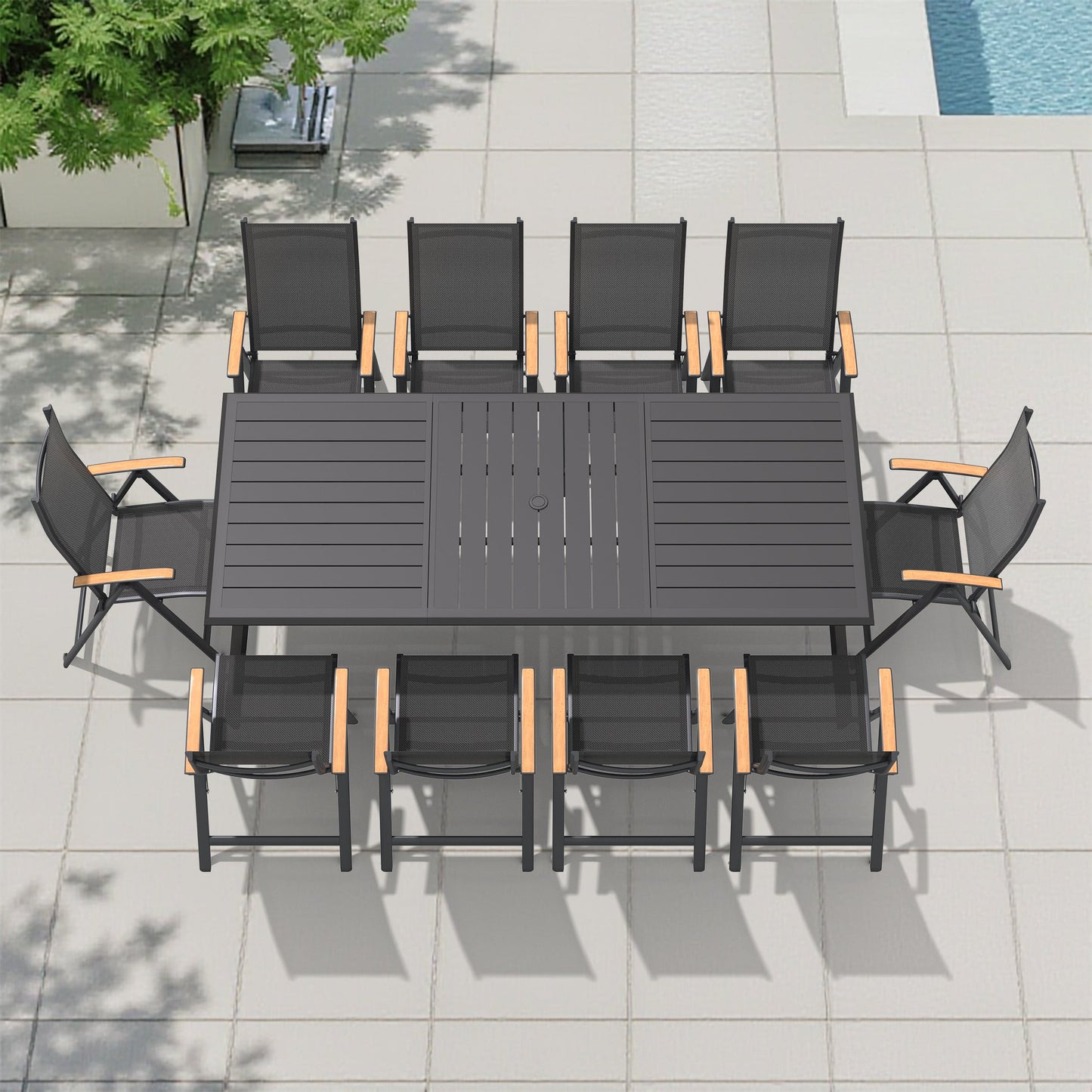 Aluminum Dining Set with Umbrella Hole, Textilene & Teak Chairs