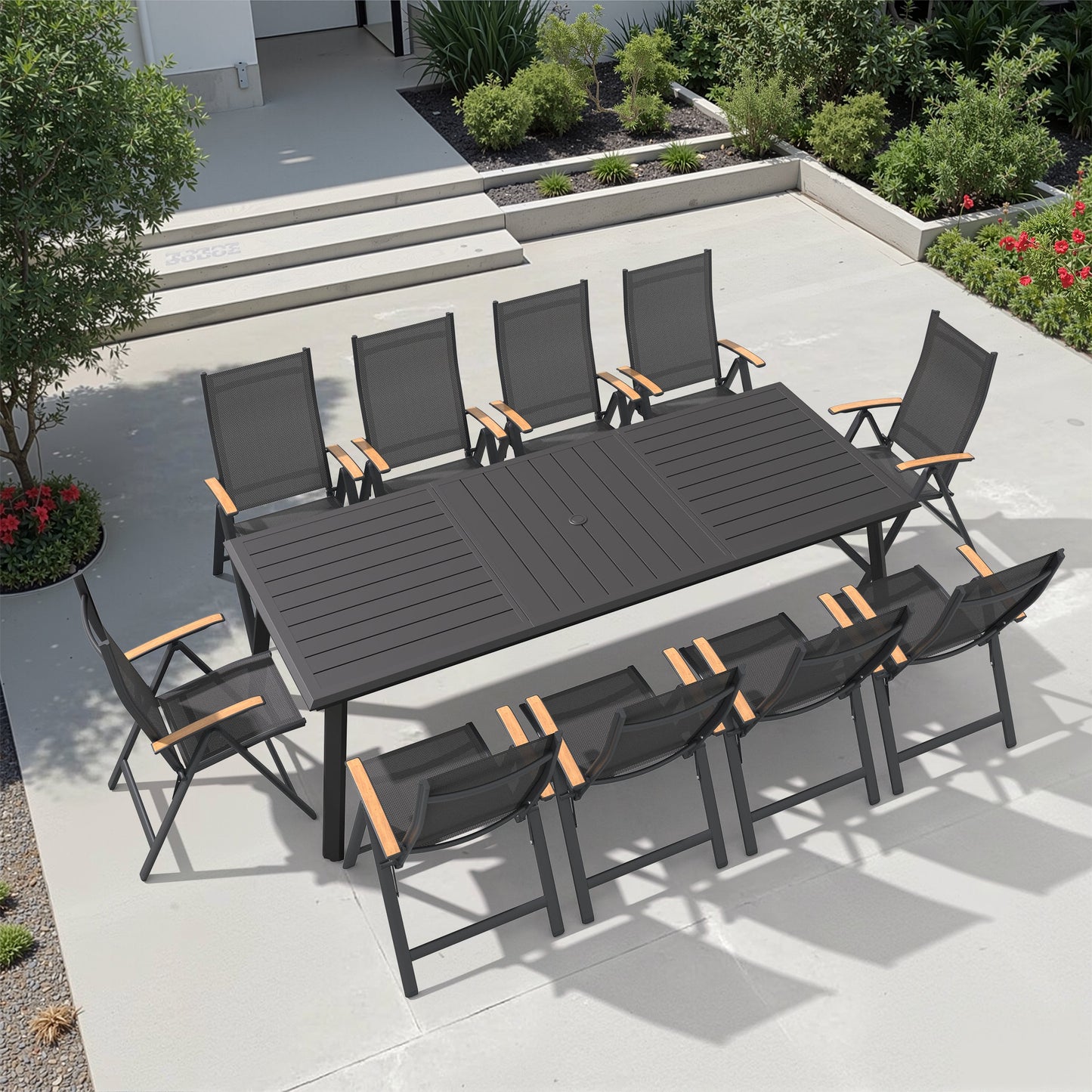 Aluminum Dining Set with Umbrella Hole, Textilene & Teak Chairs