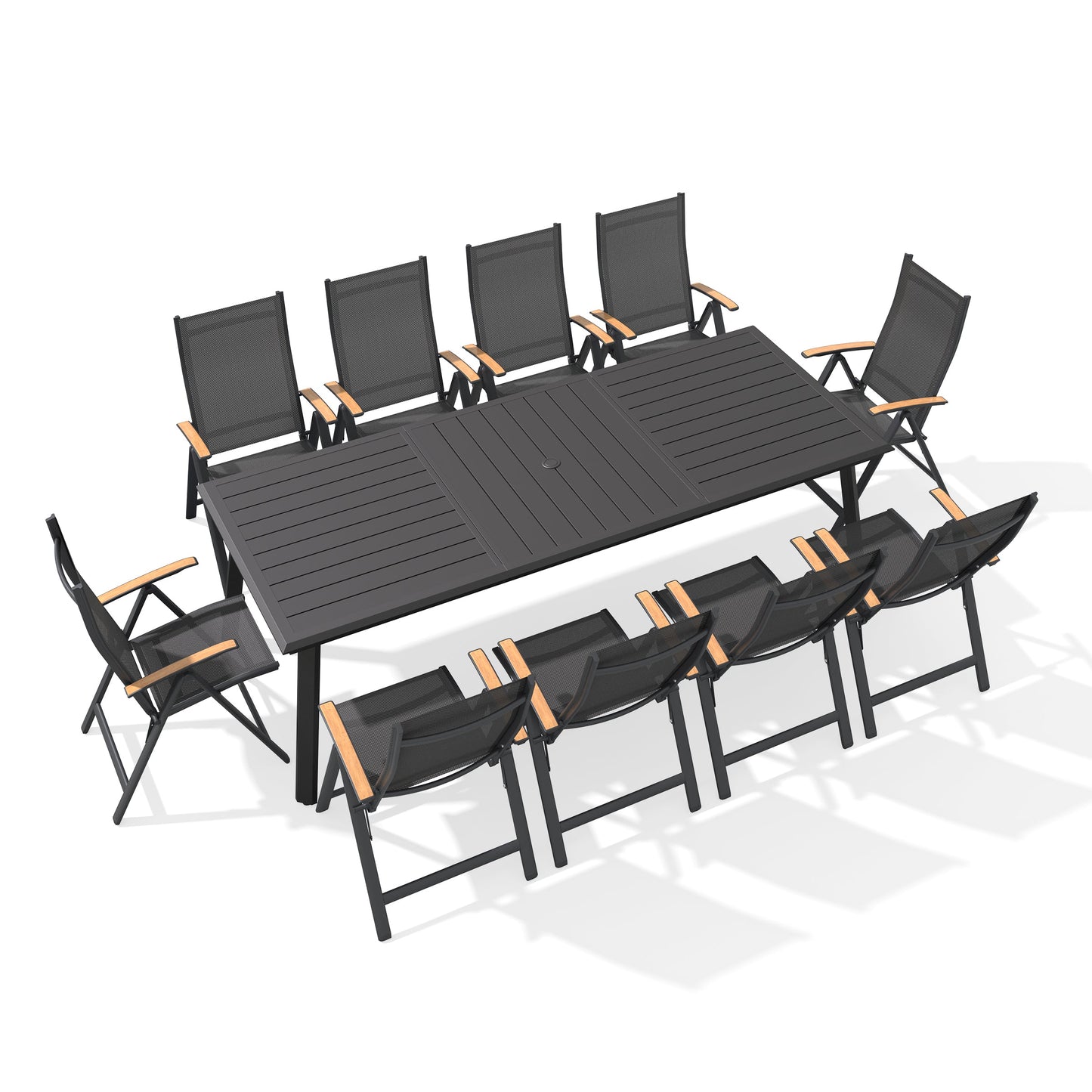 Aluminum Dining Set with Umbrella Hole, Textilene & Teak Chairs