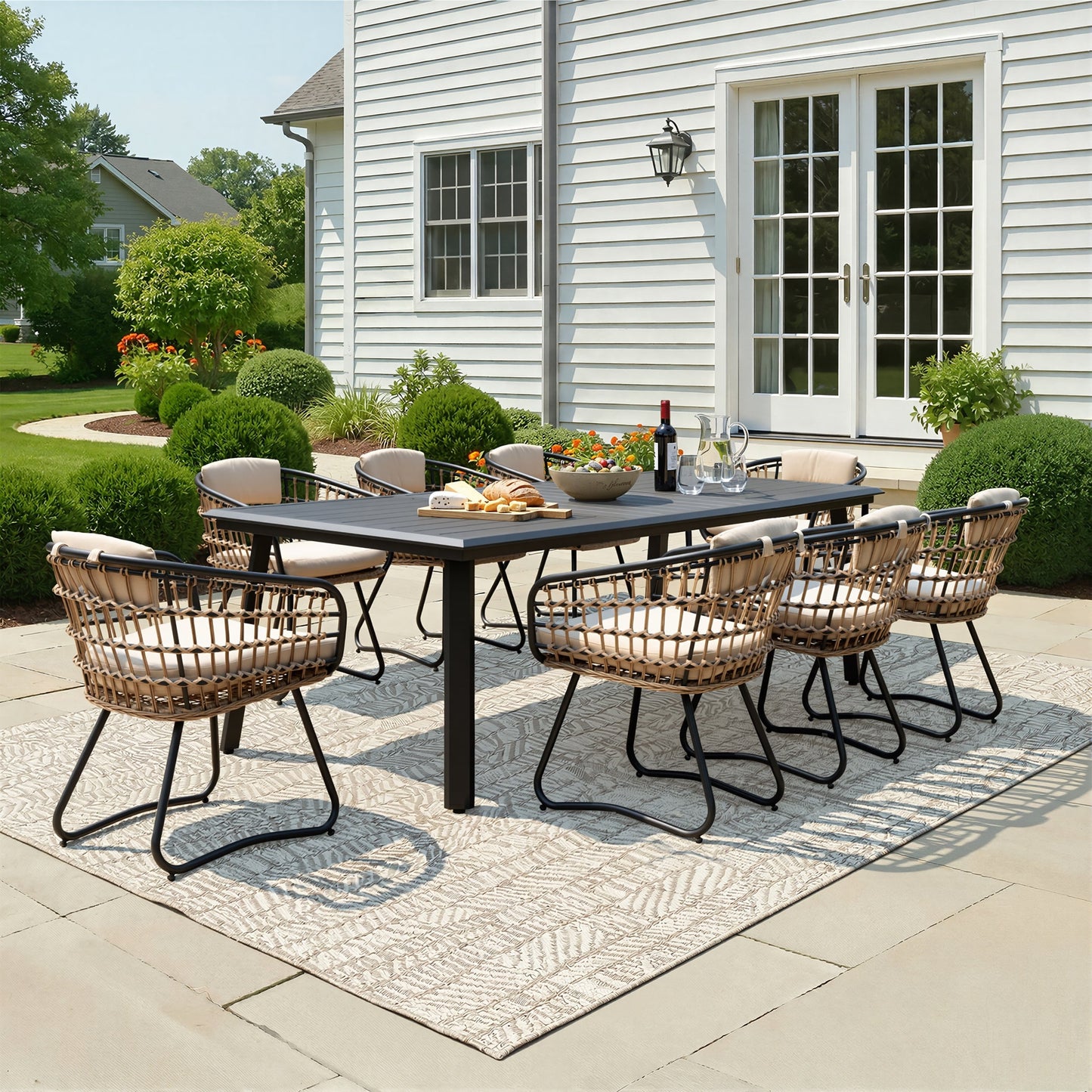 Aluminum Dining Set with Umbrella Hole, Wicker Chairs & Cushions