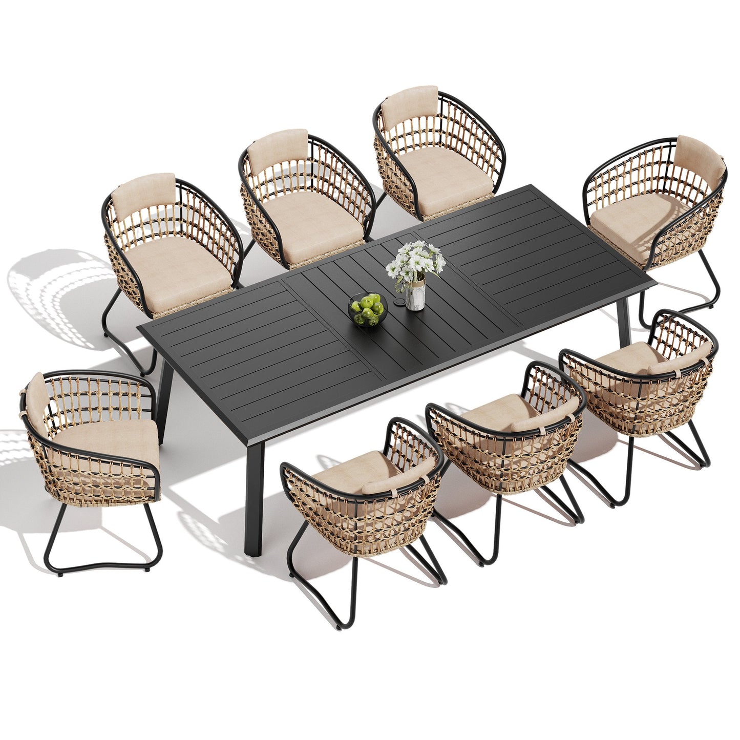 Aluminum Dining Set with Umbrella Hole, Wicker Chairs & Cushions