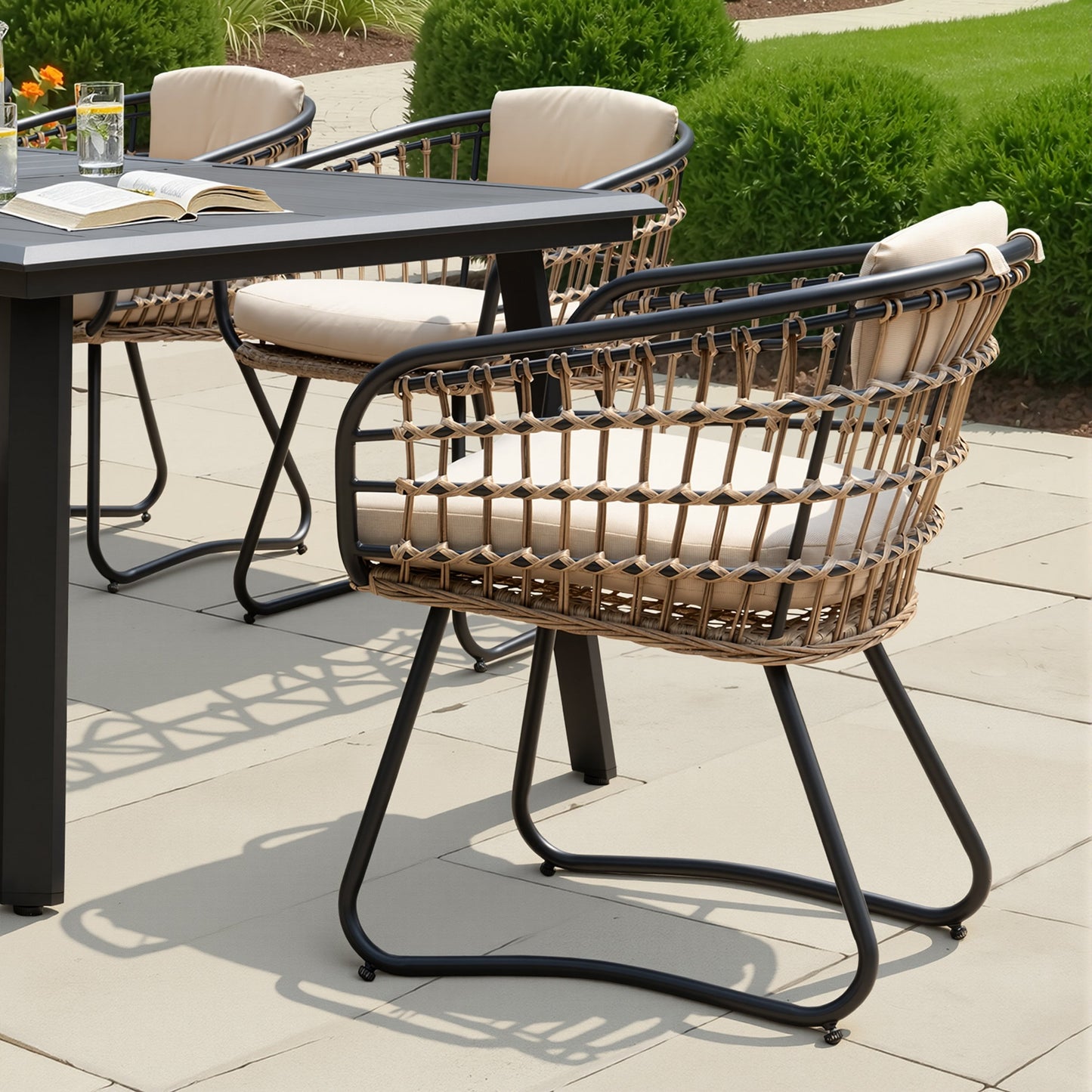 Aluminum Dining Set with Umbrella Hole, Wicker Chairs & Cushions