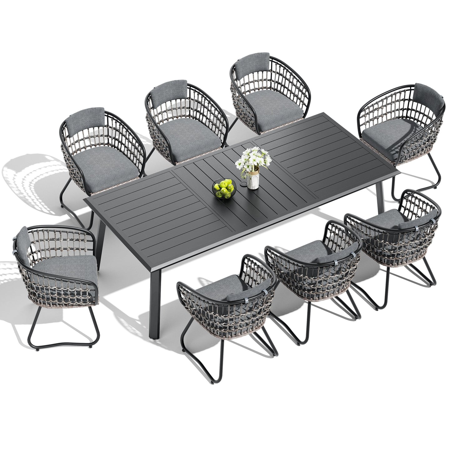 Aluminum Dining Set with Umbrella Hole, Wicker Chairs & Cushions