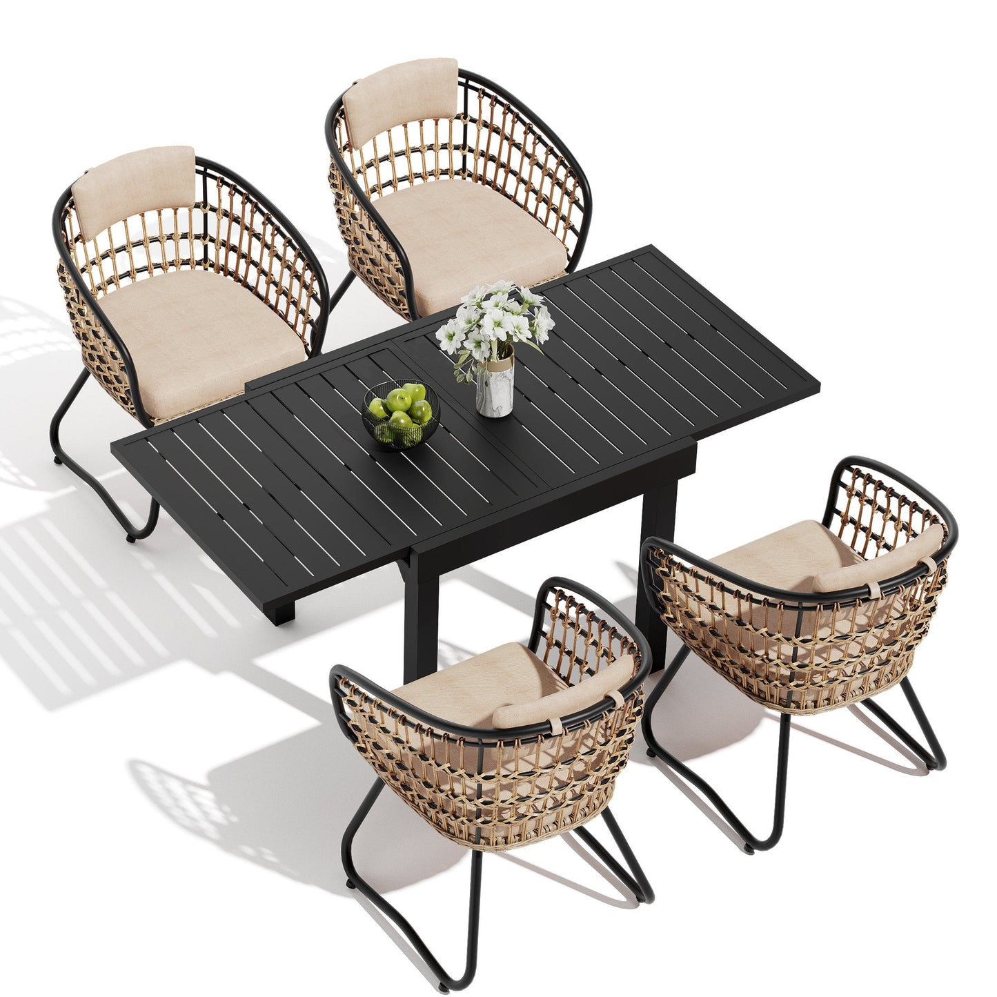 Expandable Aluminum Dining Set with PE Rattan Chairs & Cushions