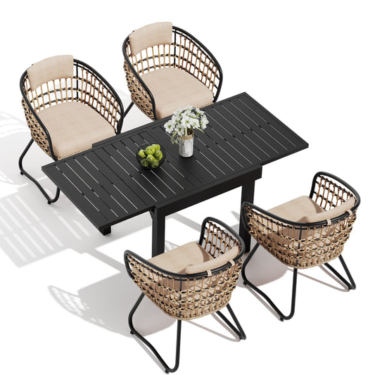 Expandable Aluminum Dining Set with PE Rattan Chairs & Cushions