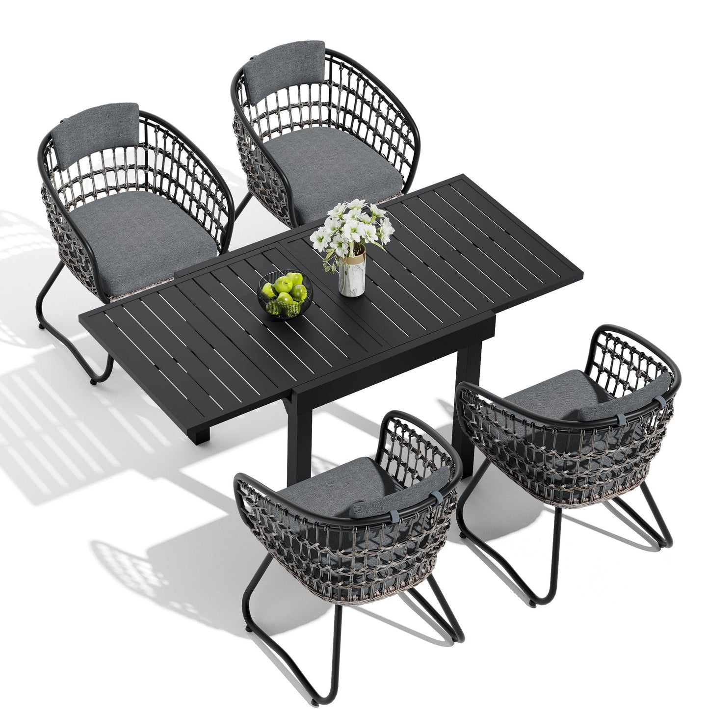 Expandable Aluminum Dining Set with PE Rattan Chairs & Cushions