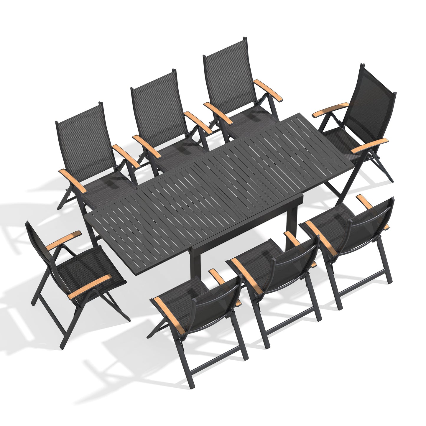 Expandable Aluminum Dining Set with Textilene & Teak Chairs