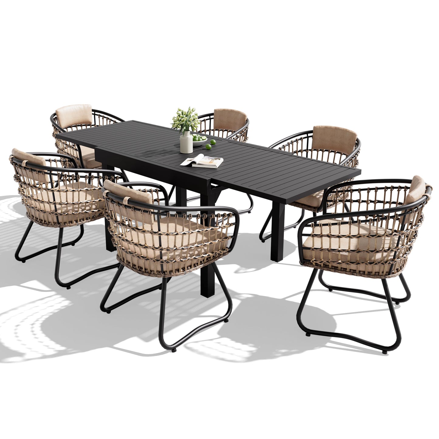 Expandable Aluminum Dining Set with PE Rattan Chairs & Cushions