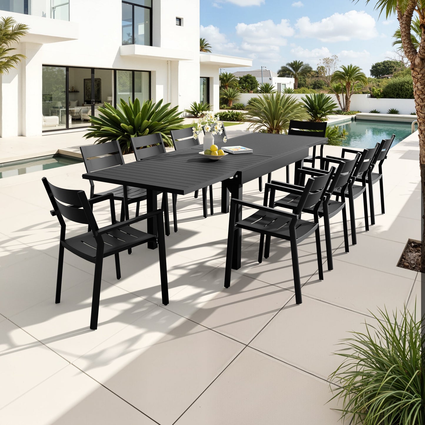Aluminum Expandable Outdoor Dining Set with Stackable Chairs