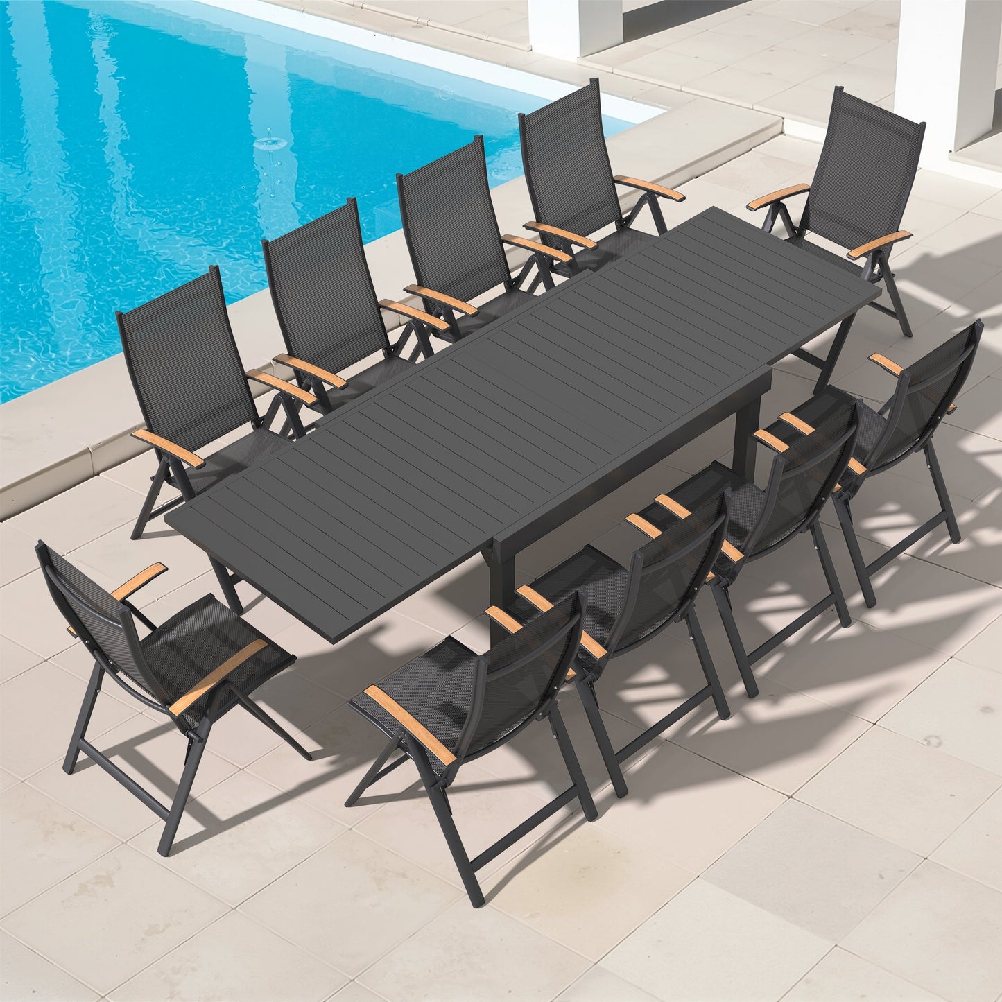 Expandable Aluminum Dining Set with Textilene & Teak Chairs