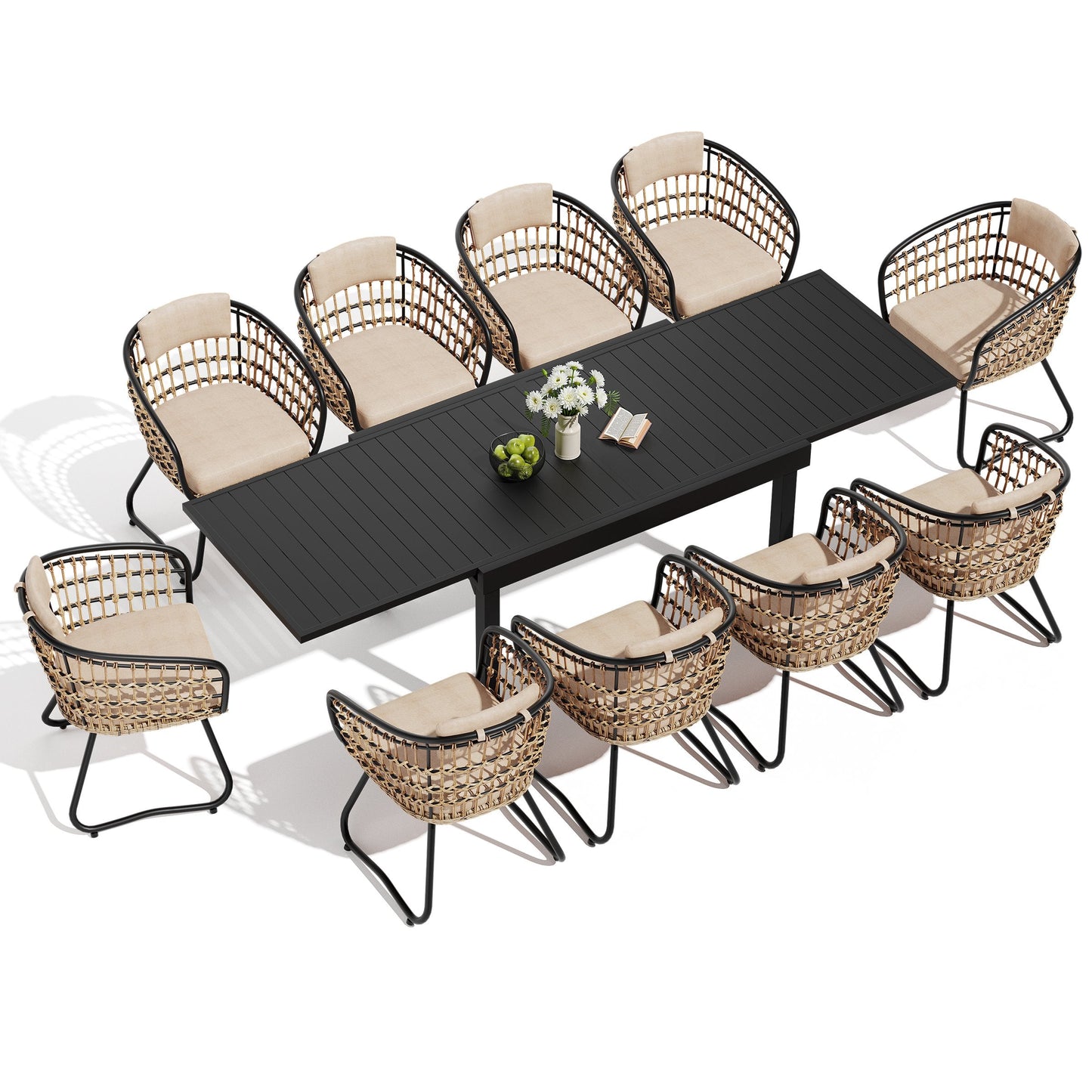 Expandable Aluminum Dining Set with PE Rattan Chairs & Cushions