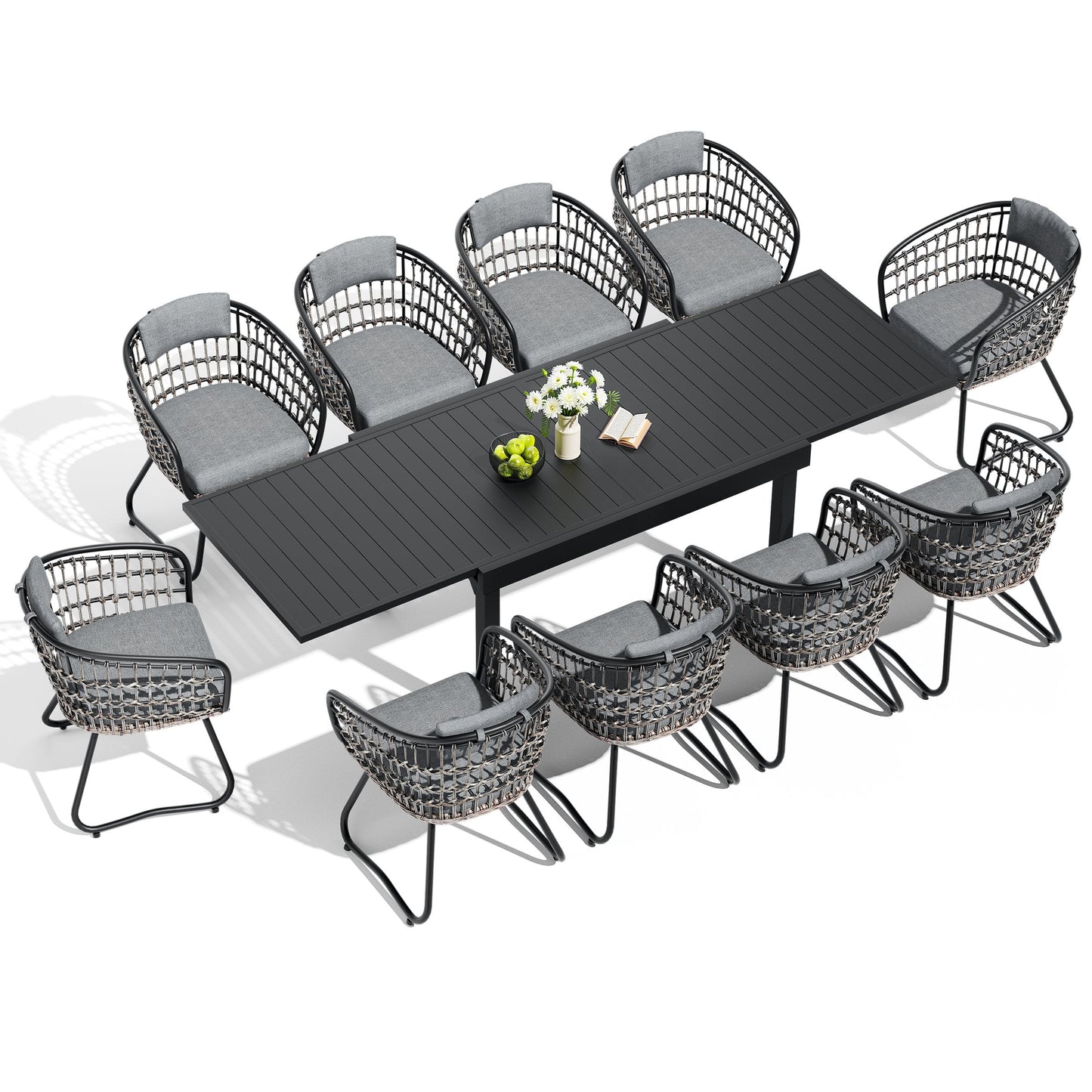 Expandable Aluminum Dining Set with PE Rattan Chairs & Cushions