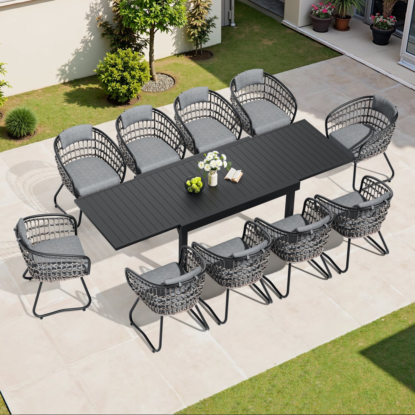 Expandable Aluminum Dining Set with PE Rattan Chairs & Cushions