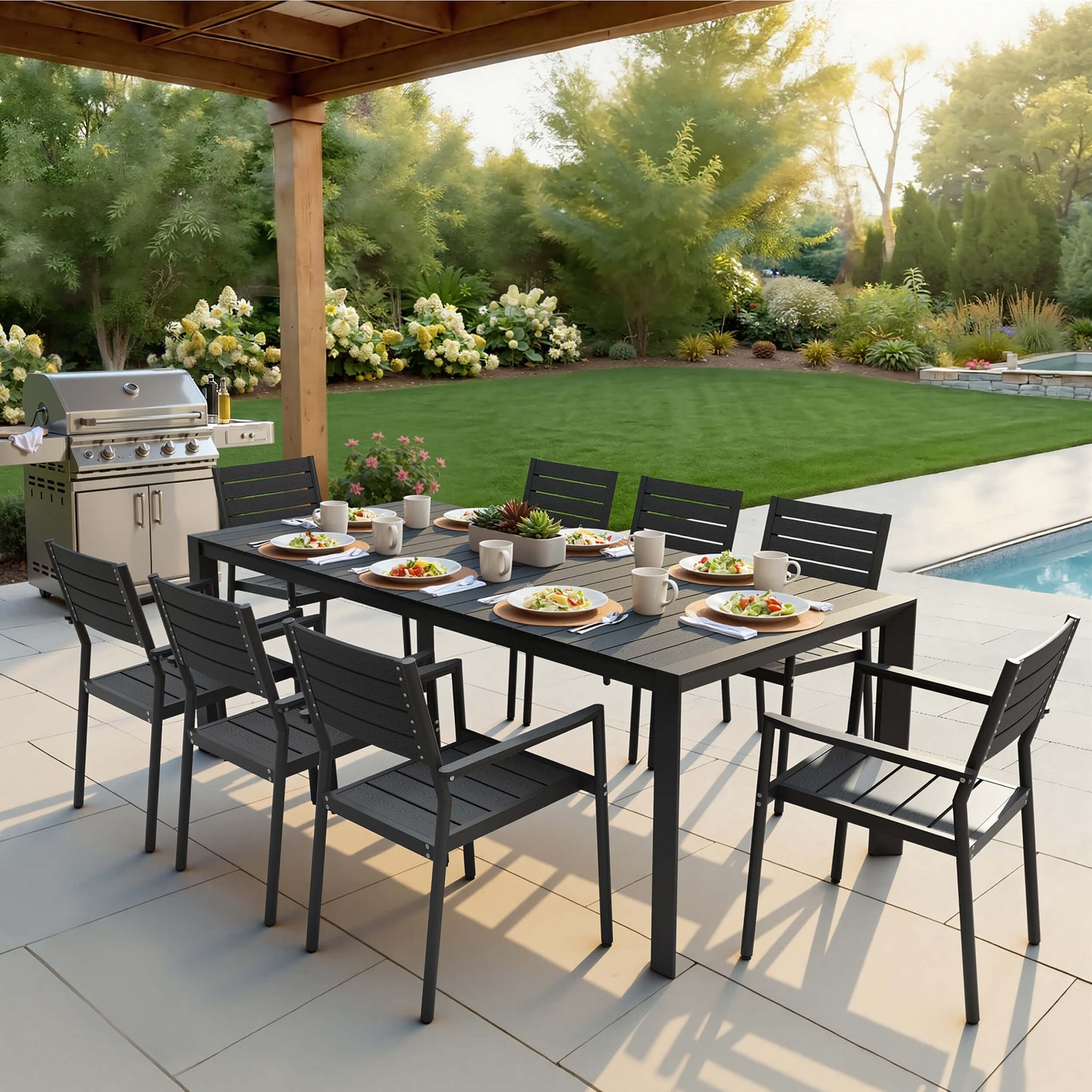 Aluminum Outdoor Dining Set with Umbrella Hole & Stackable Chairs