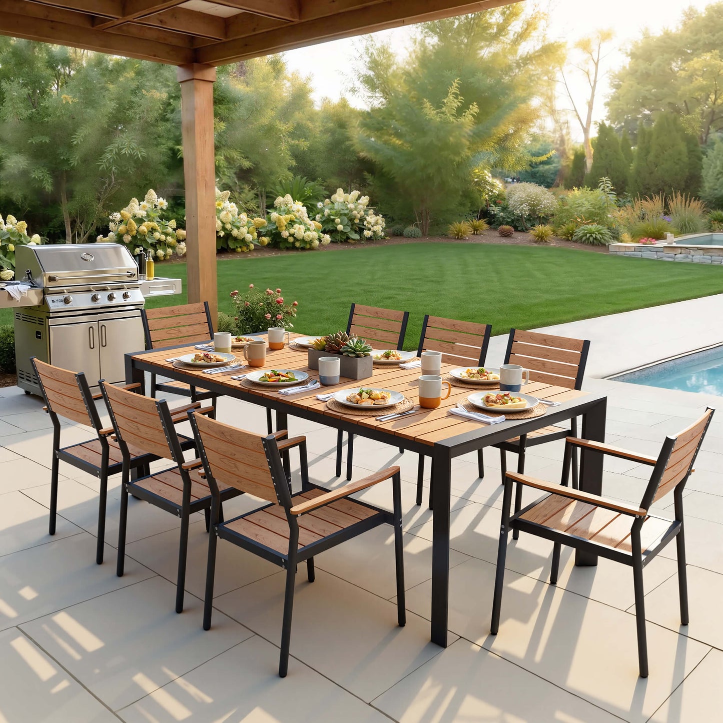 Aluminum Outdoor Dining Set with Umbrella Hole & Stackable Chairs