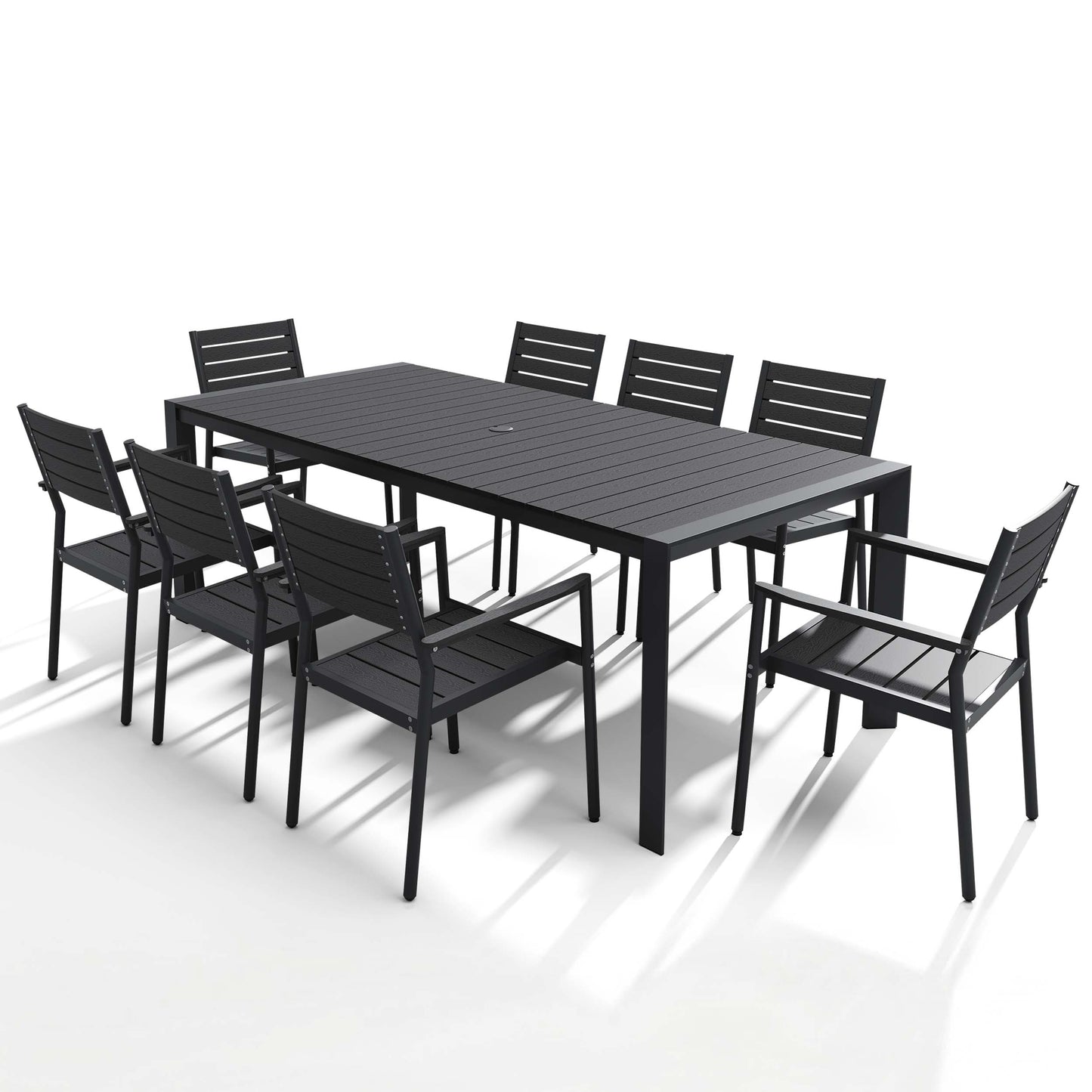 Aluminum Outdoor Dining Set with Umbrella Hole & Stackable Chairs