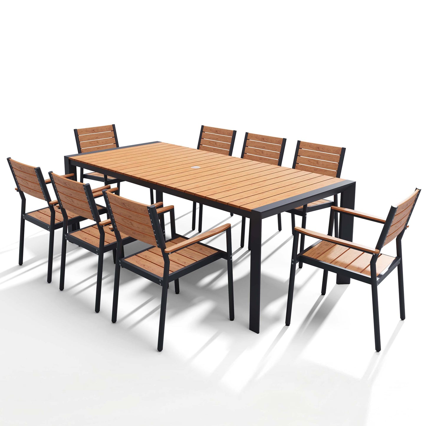 Aluminum Outdoor Dining Set with Umbrella Hole & Stackable Chairs