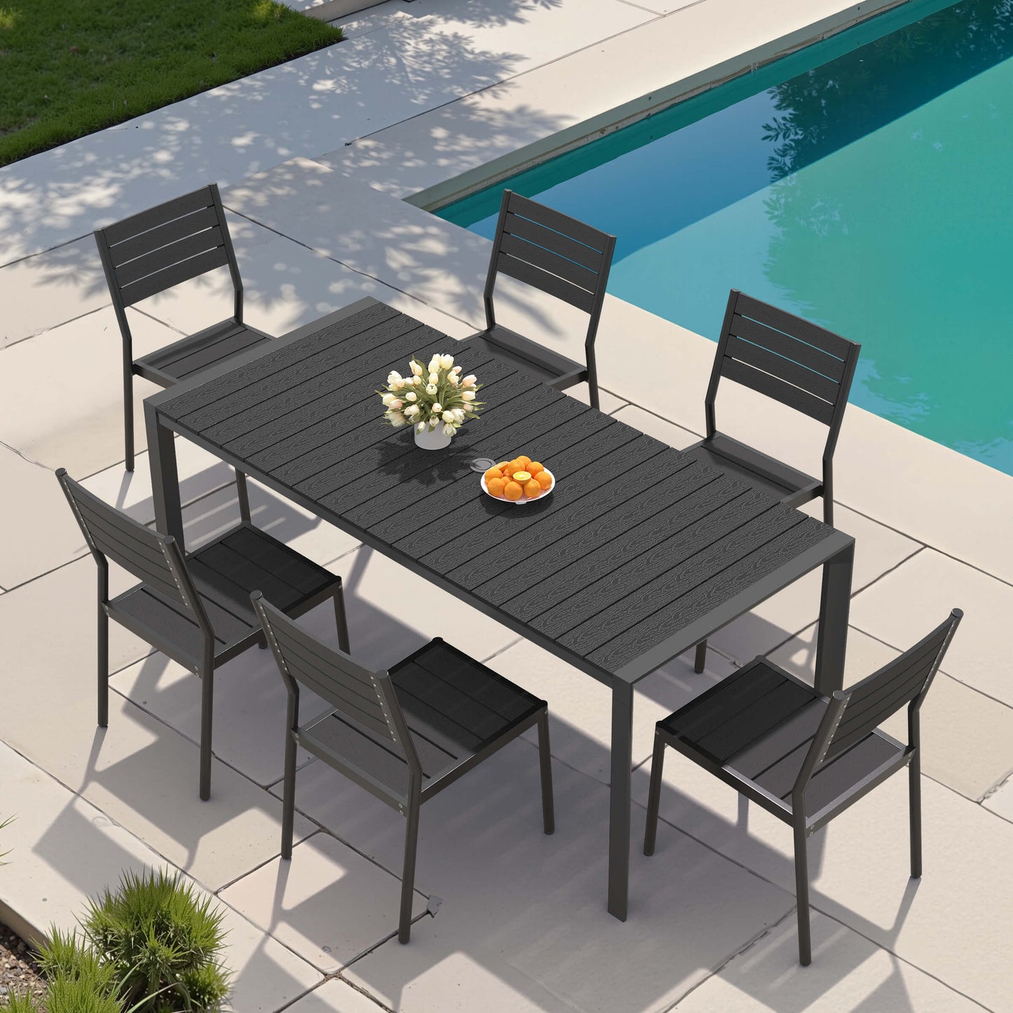 Aluminum Outdoor Dining Set with Umbrella Hole & Stackable Chairs