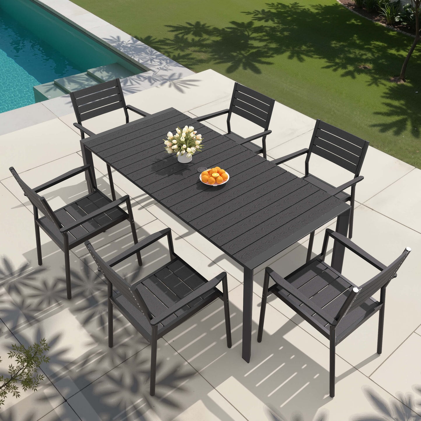 Aluminum Outdoor Dining Set with Umbrella Hole & Stackable Chairs