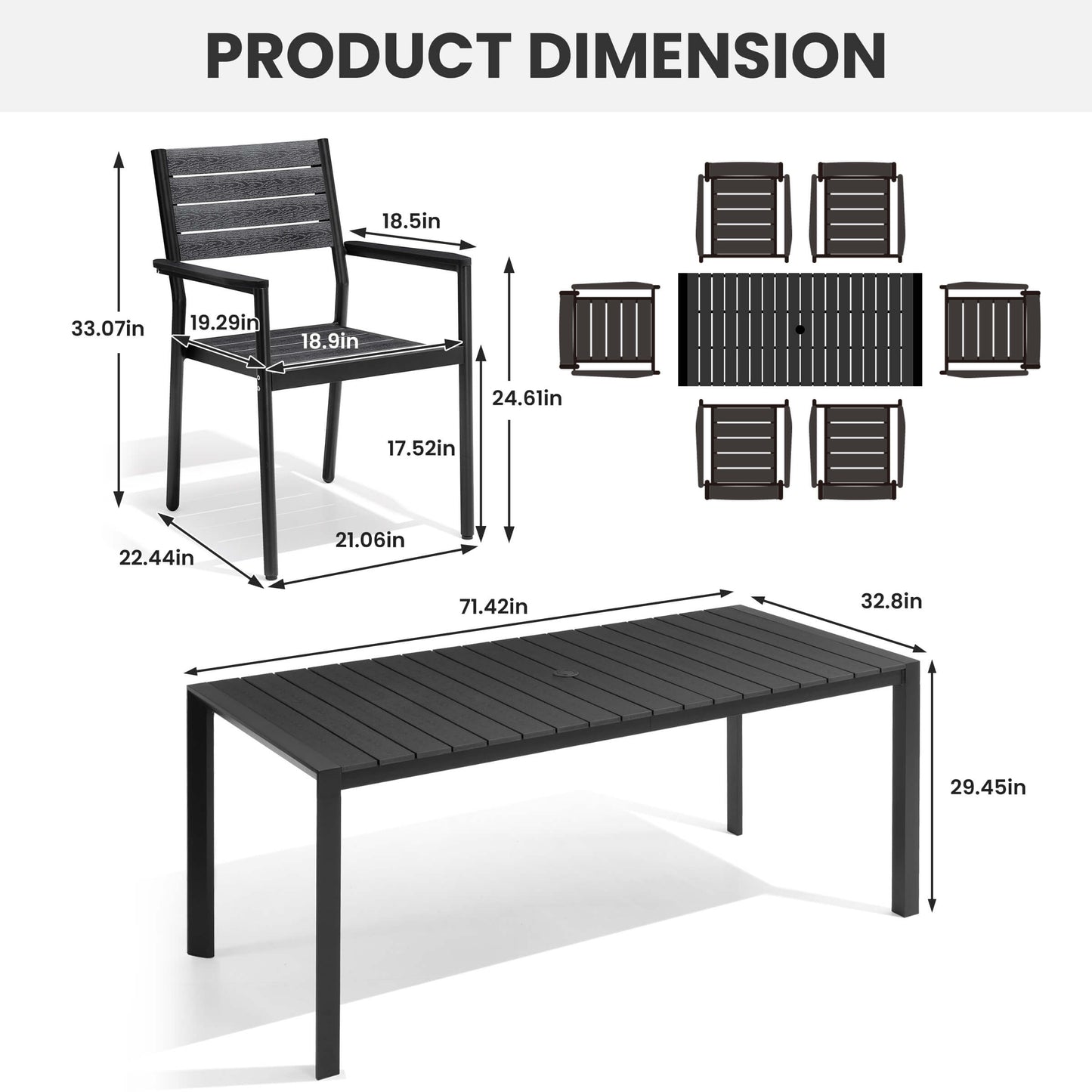 Aluminum Outdoor Dining Set with Umbrella Hole & Stackable Chairs
