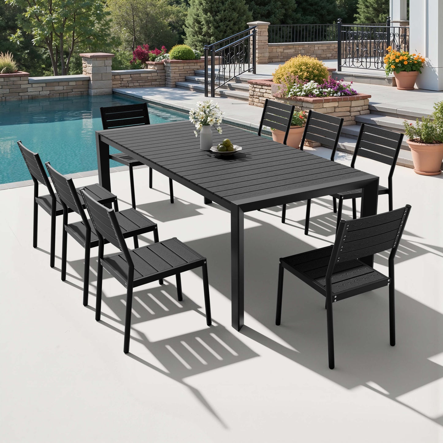Aluminum Outdoor Dining Set with Umbrella Hole & Stackable Chairs