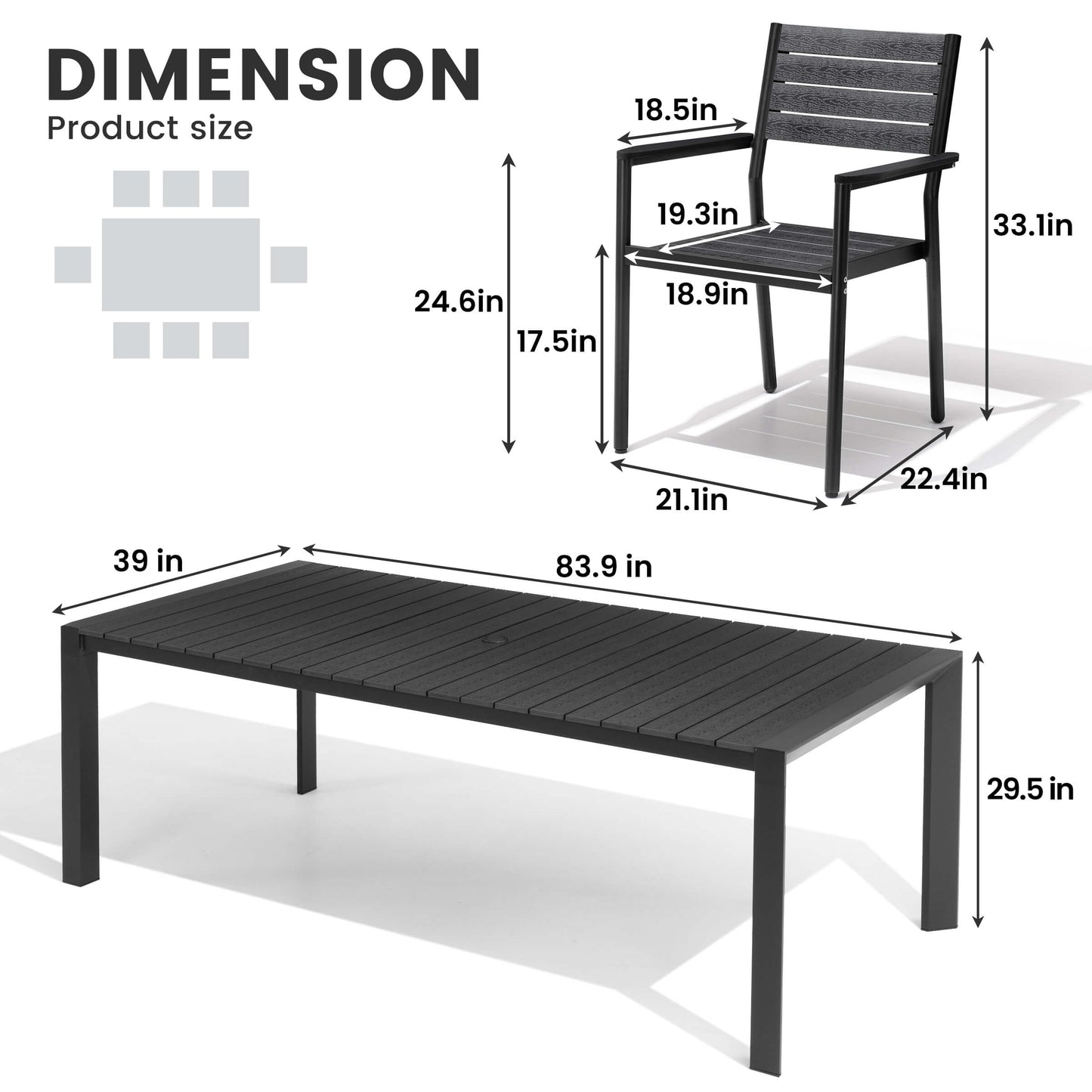 Aluminum Outdoor Dining Set with Umbrella Hole & Stackable Chairs