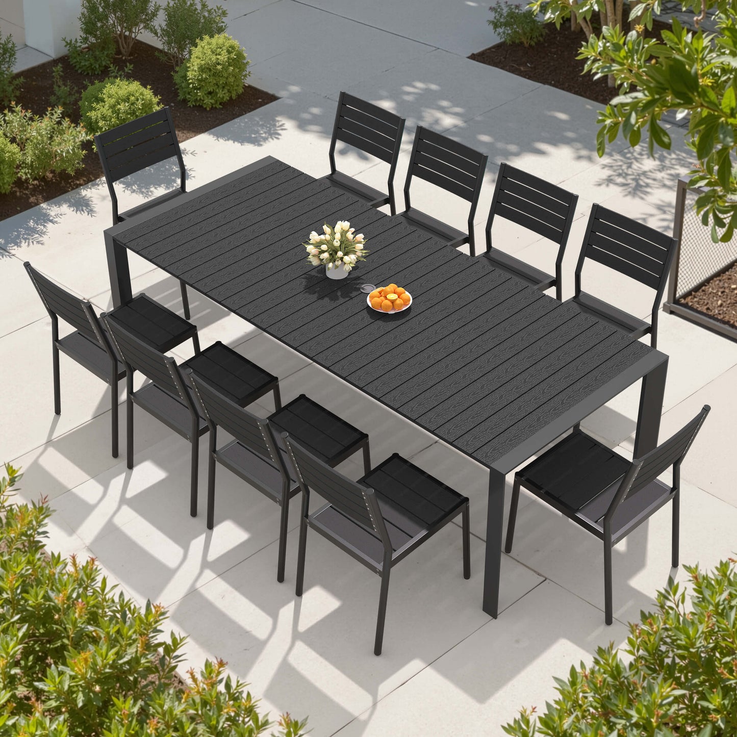 Aluminum Outdoor Dining Set with Umbrella Hole & Stackable Chairs