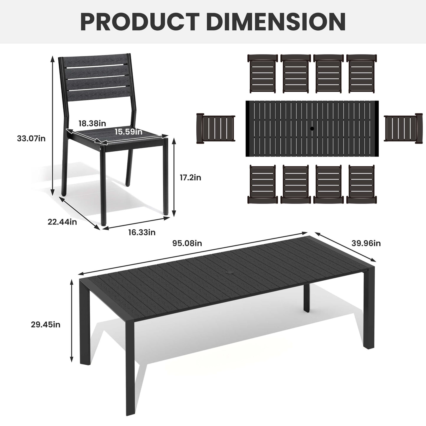 Aluminum Outdoor Dining Set with Umbrella Hole & Stackable Chairs