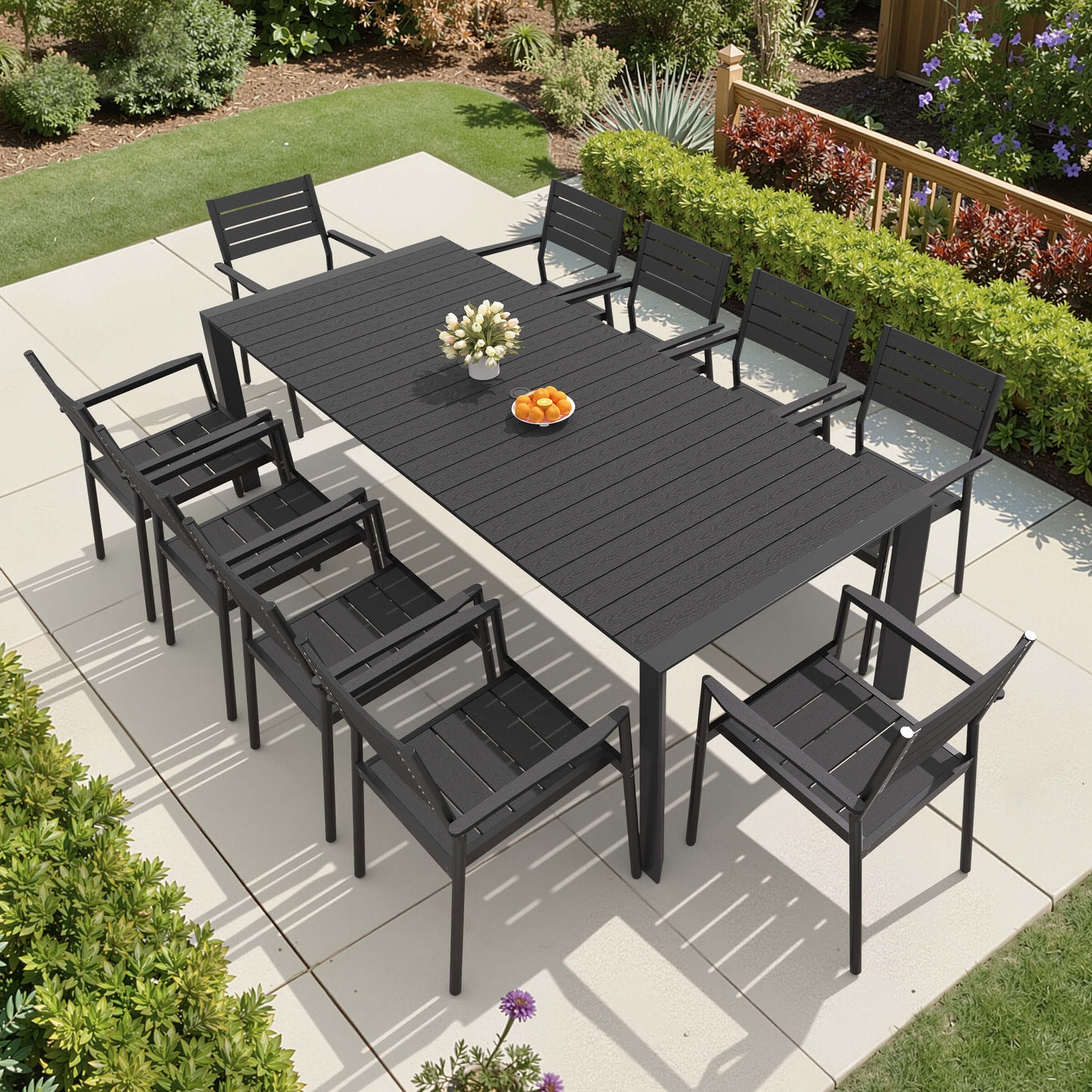 Aluminum Outdoor Dining Set with Umbrella Hole & Stackable Chairs