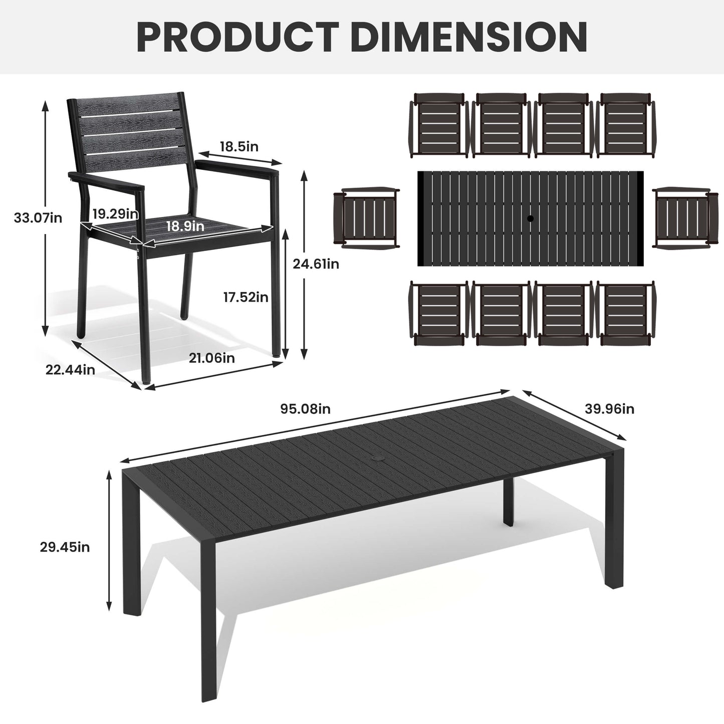 Aluminum Outdoor Dining Set with Umbrella Hole & Stackable Chairs