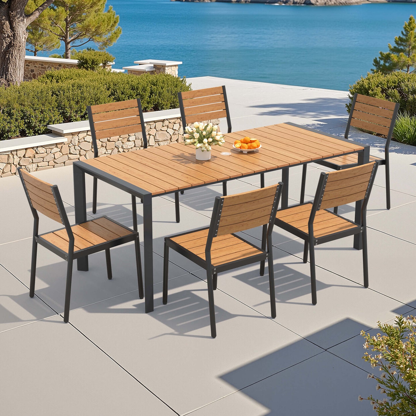 Aluminum Outdoor Dining Set with Umbrella Hole & Stackable Chairs