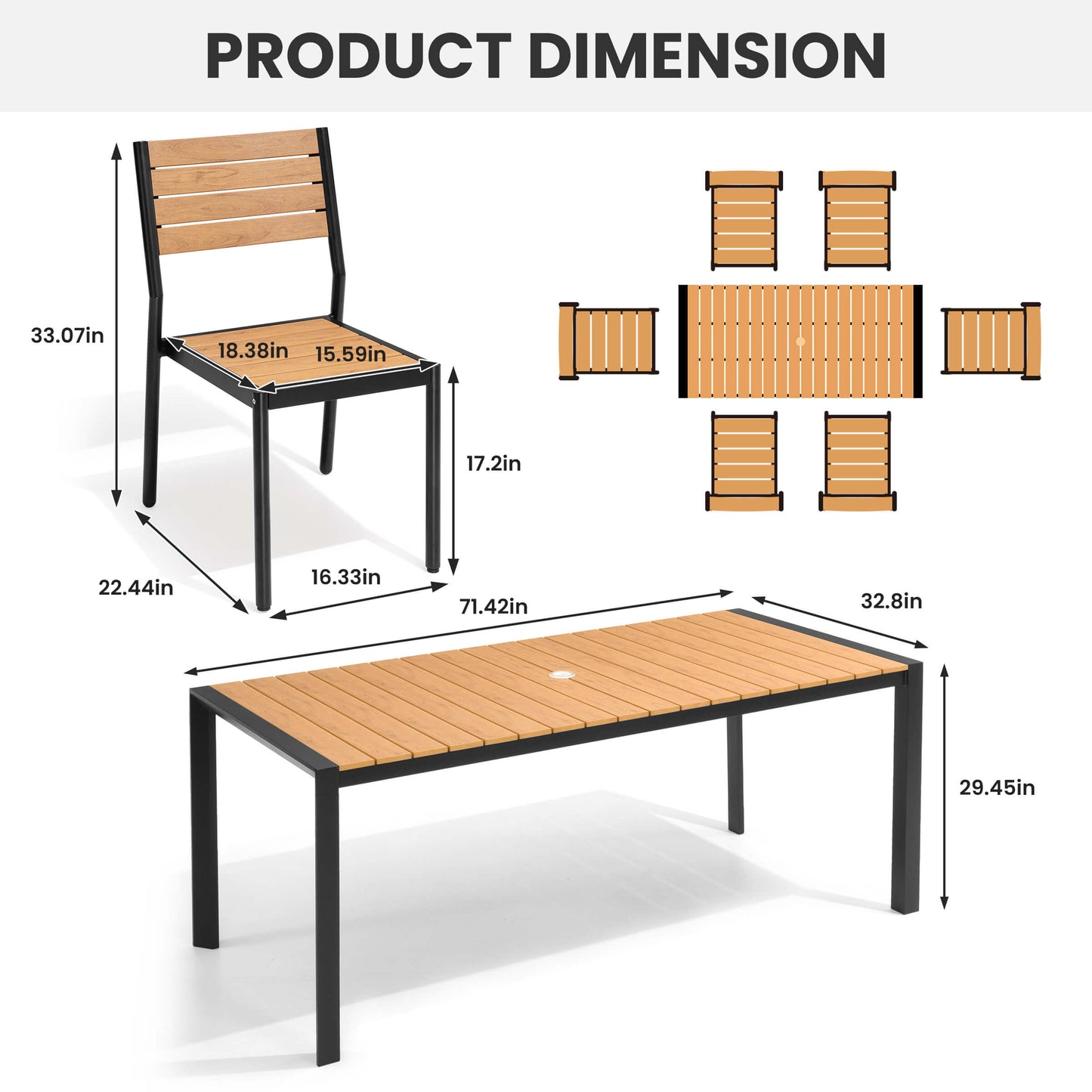 Aluminum Outdoor Dining Set with Umbrella Hole & Stackable Chairs