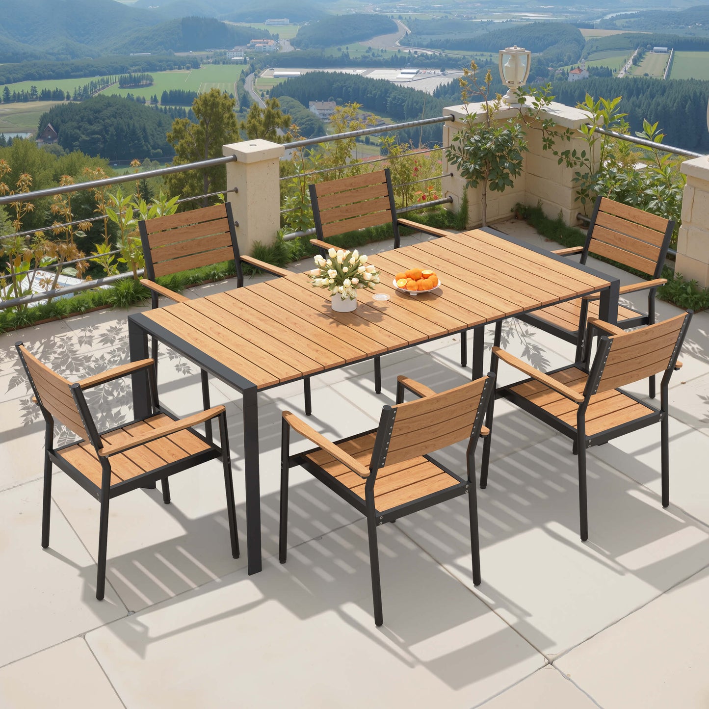 Aluminum Outdoor Dining Set with Umbrella Hole & Stackable Chairs