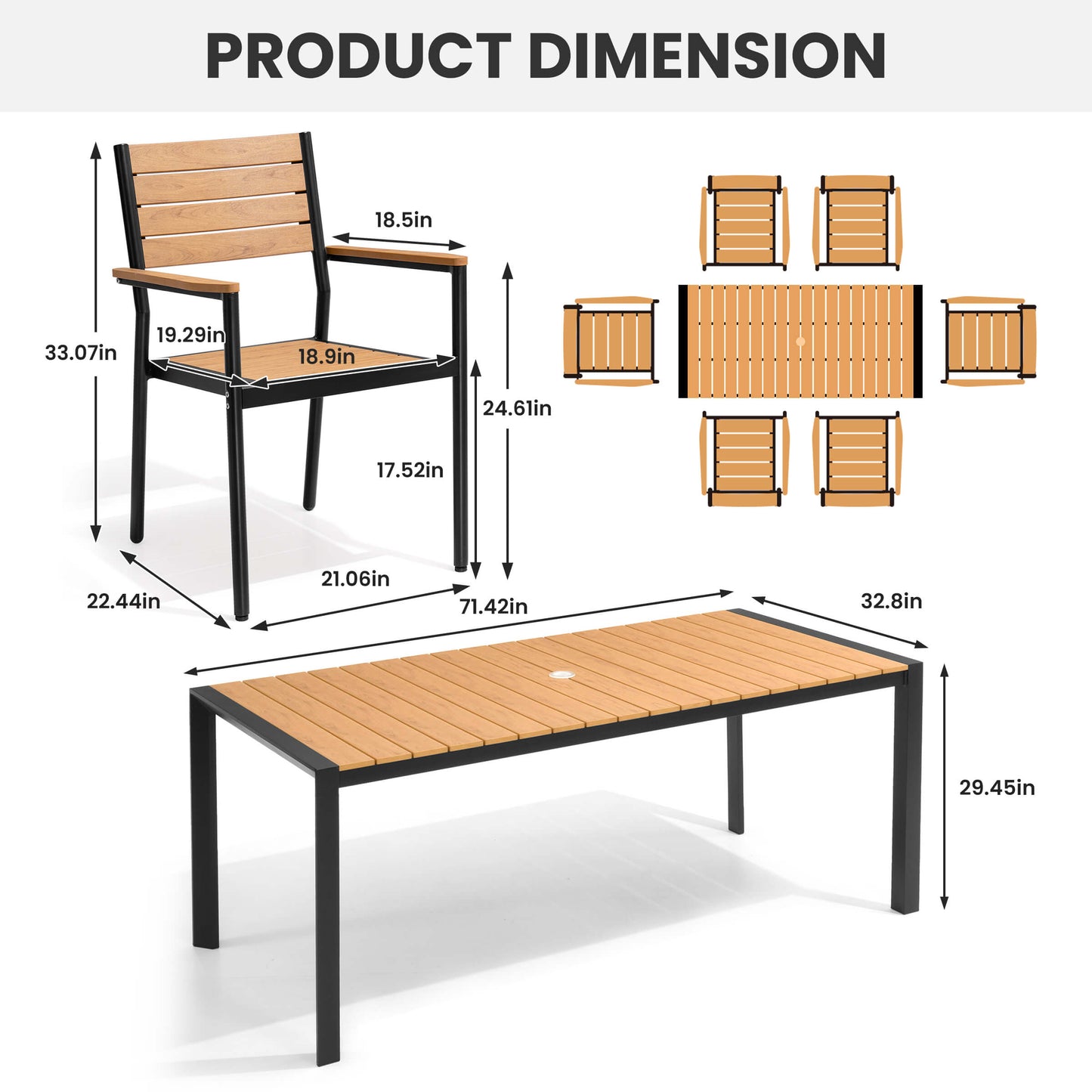 Aluminum Outdoor Dining Set with Umbrella Hole & Stackable Chairs