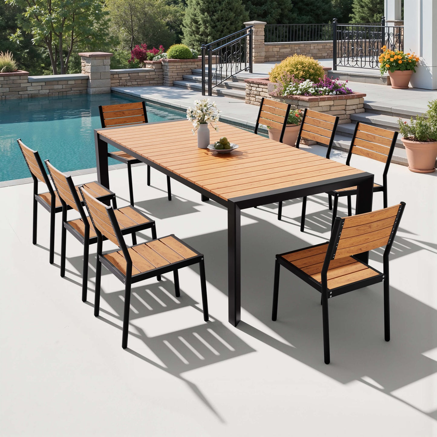 Aluminum Outdoor Dining Set with Umbrella Hole & Stackable Chairs