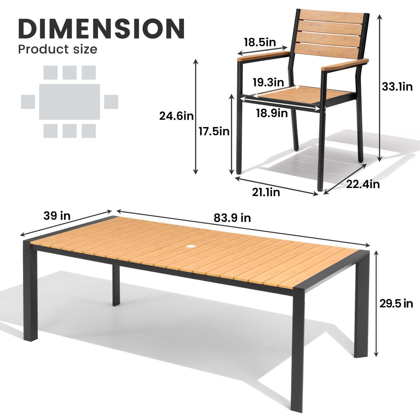 Aluminum Outdoor Dining Set with Umbrella Hole & Stackable Chairs