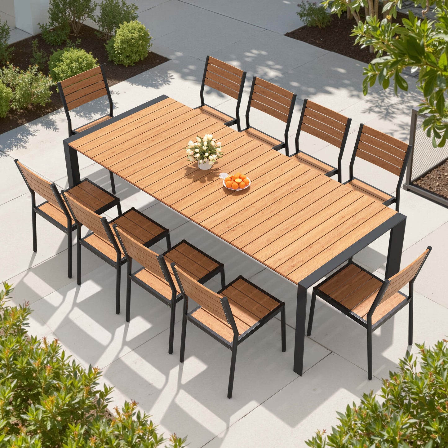 Aluminum Outdoor Dining Set with Umbrella Hole & Stackable Chairs