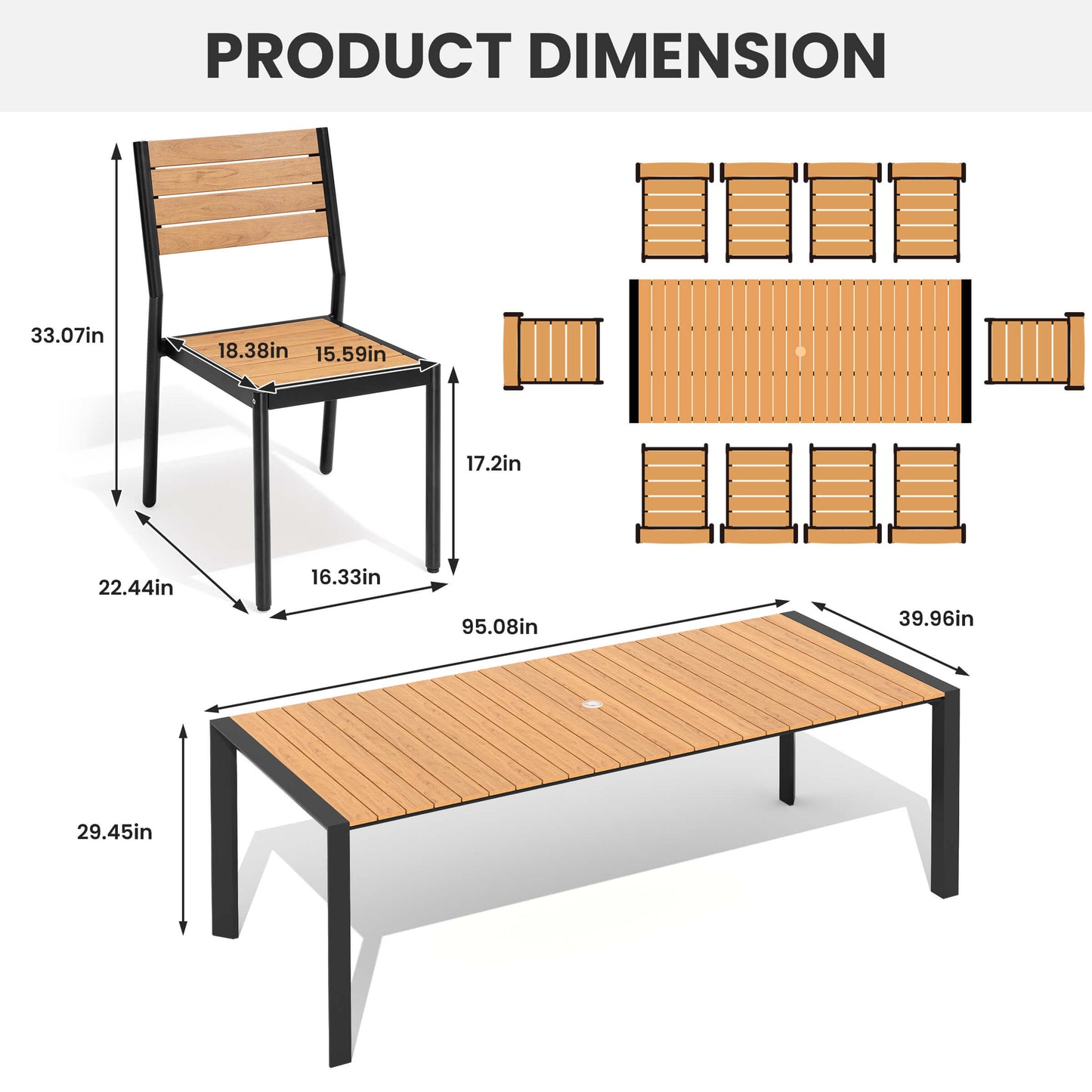 Aluminum Outdoor Dining Set with Umbrella Hole & Stackable Chairs