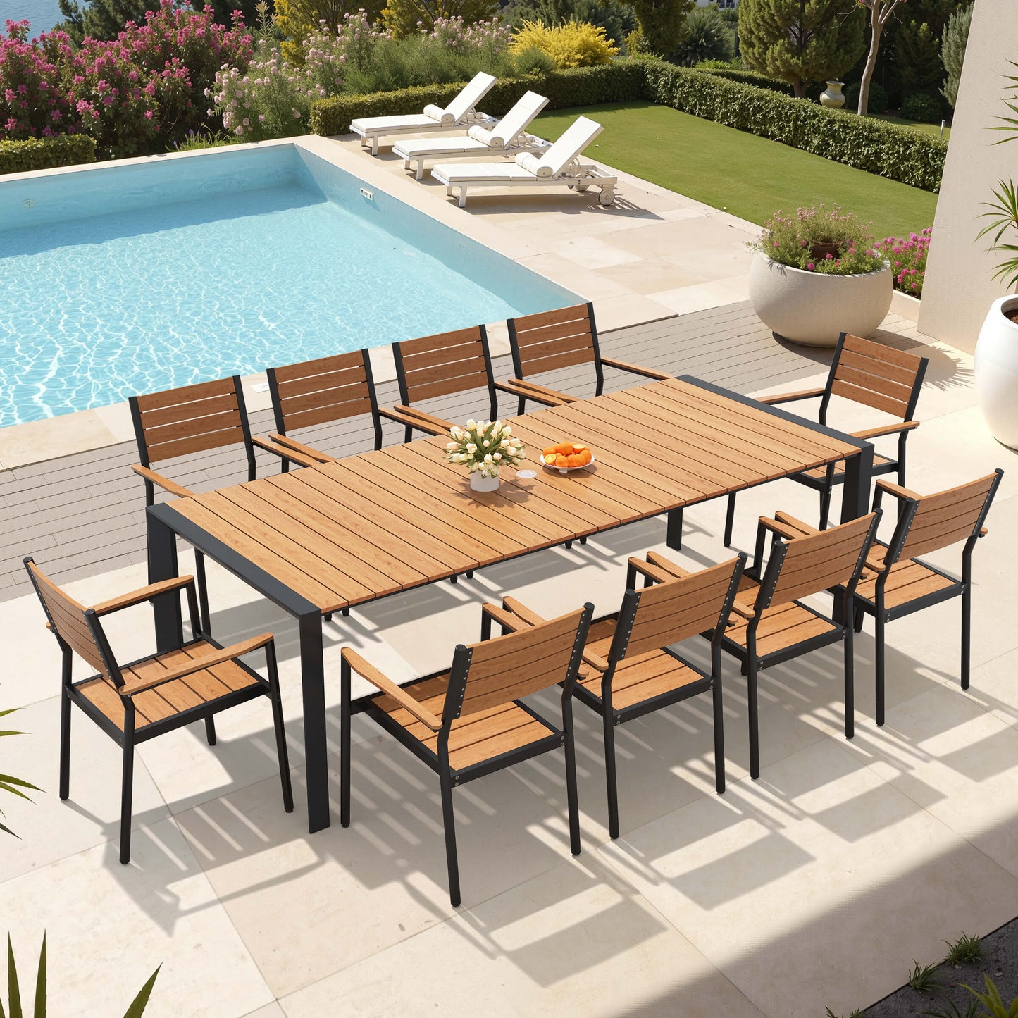 Aluminum Outdoor Dining Set with Umbrella Hole & Stackable Chairs