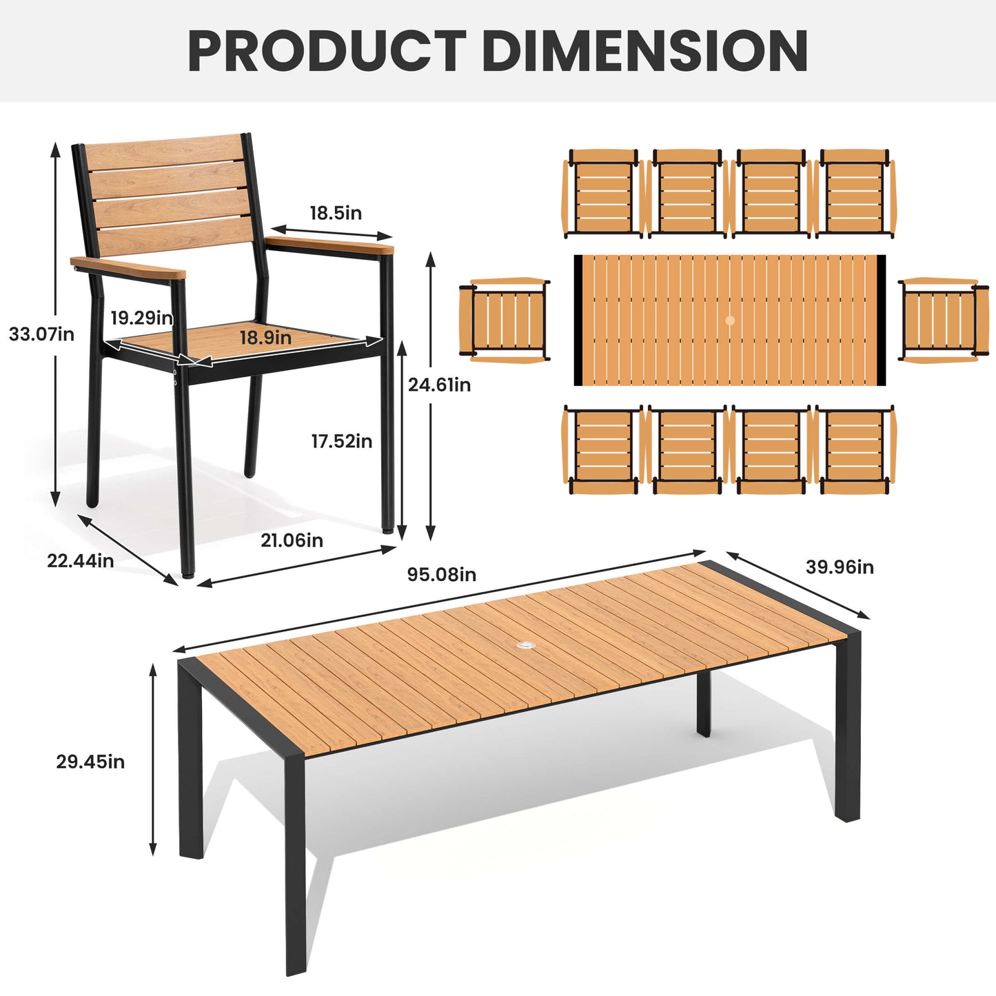 Aluminum Outdoor Dining Set with Umbrella Hole & Stackable Chairs