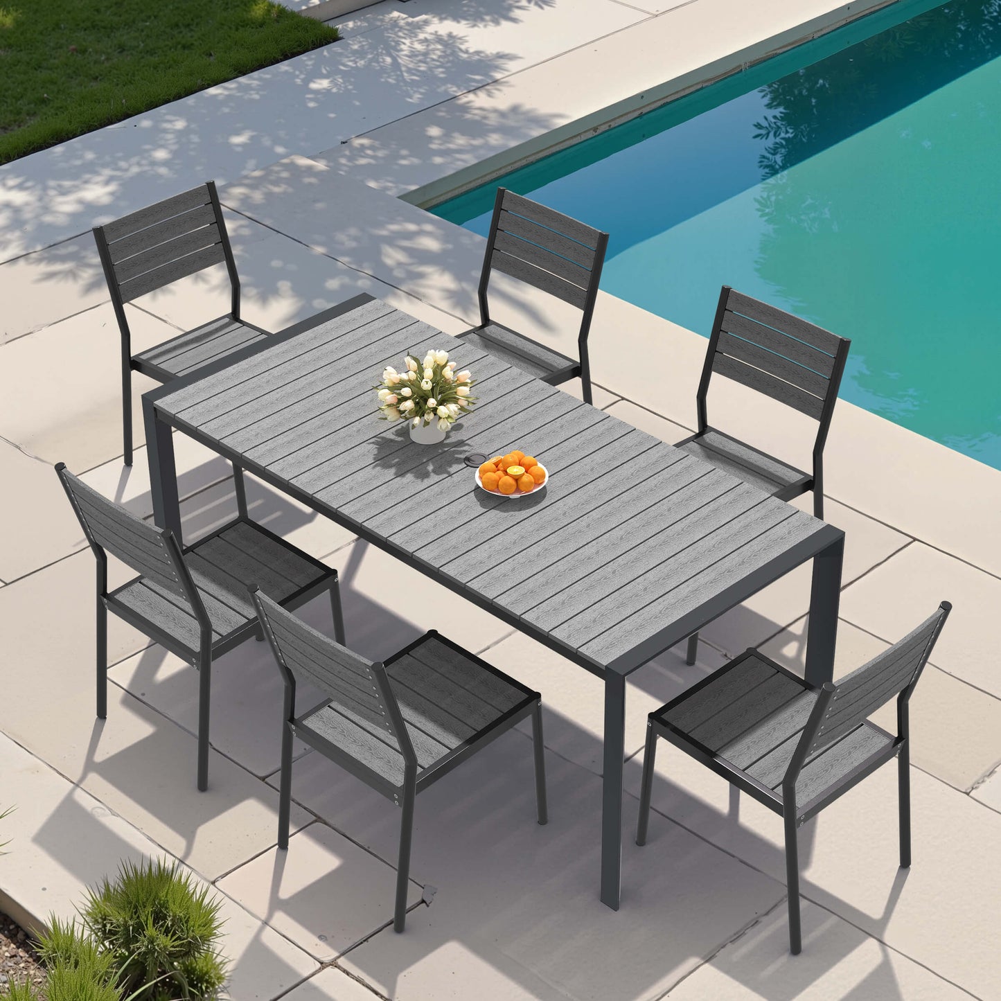 Aluminum Outdoor Dining Set with Umbrella Hole & Stackable Chairs